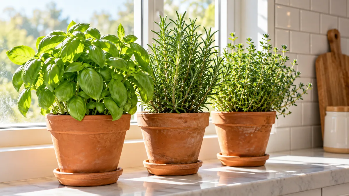 A bright kitchen windowsill lined with small terracotta pots of lush green basil rosemary and thyme in warm morning sunlight with a white subway tile backsplash