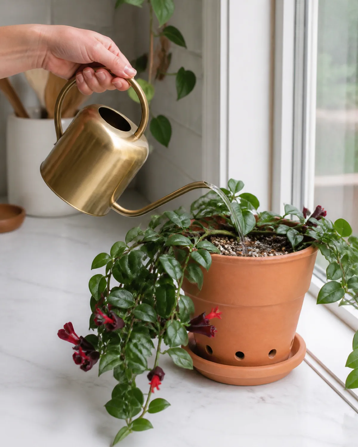 A person hand gently watering a potted lipstick plant with a long-spouted brass watering can water flowing into a terracotta pot with visible drainage holes at the bottom sitting on a saucer the soil surface showing that it was dry before watering healthy dark green trailing stems with glossy leaves cascading over the pot edge kitchen counter setting with natural light