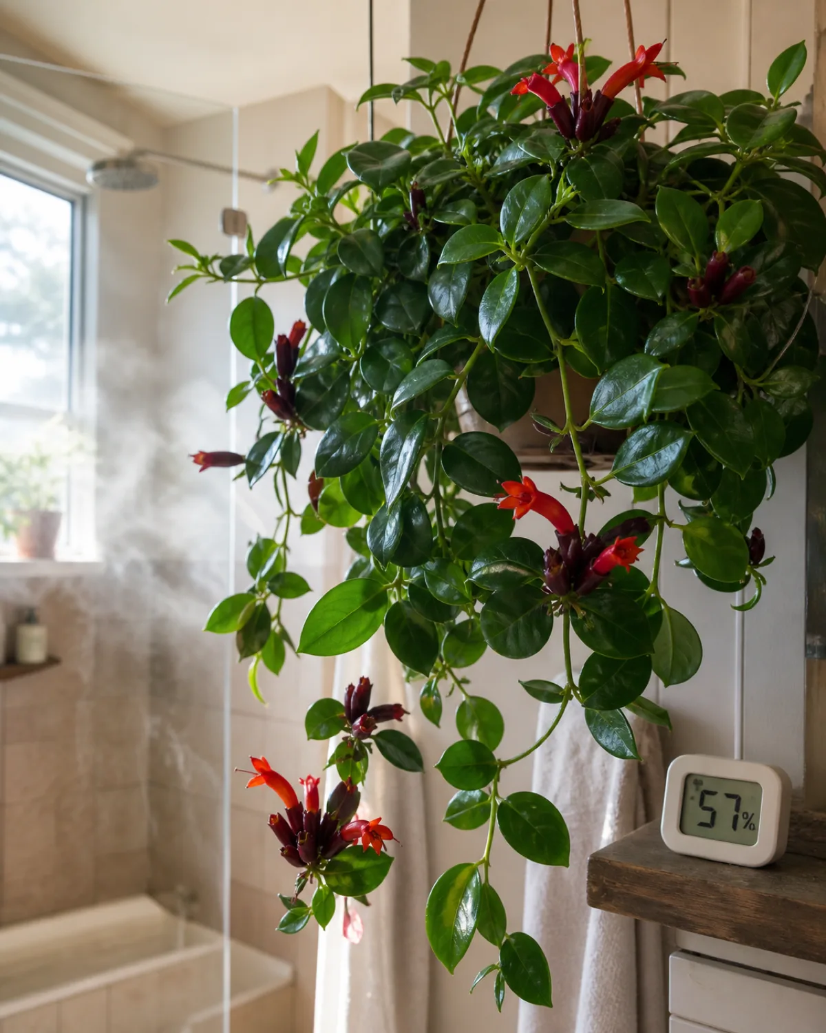 A lush lipstick plant hanging in a bright bathroom near a window steam rising softly in the background suggesting shower humidity the plant showing healthy thick glossy leaves and several flower clusters in various stages from bud to full bloom a small hygrometer on a nearby shelf warm and humid tropical atmosphere natural light