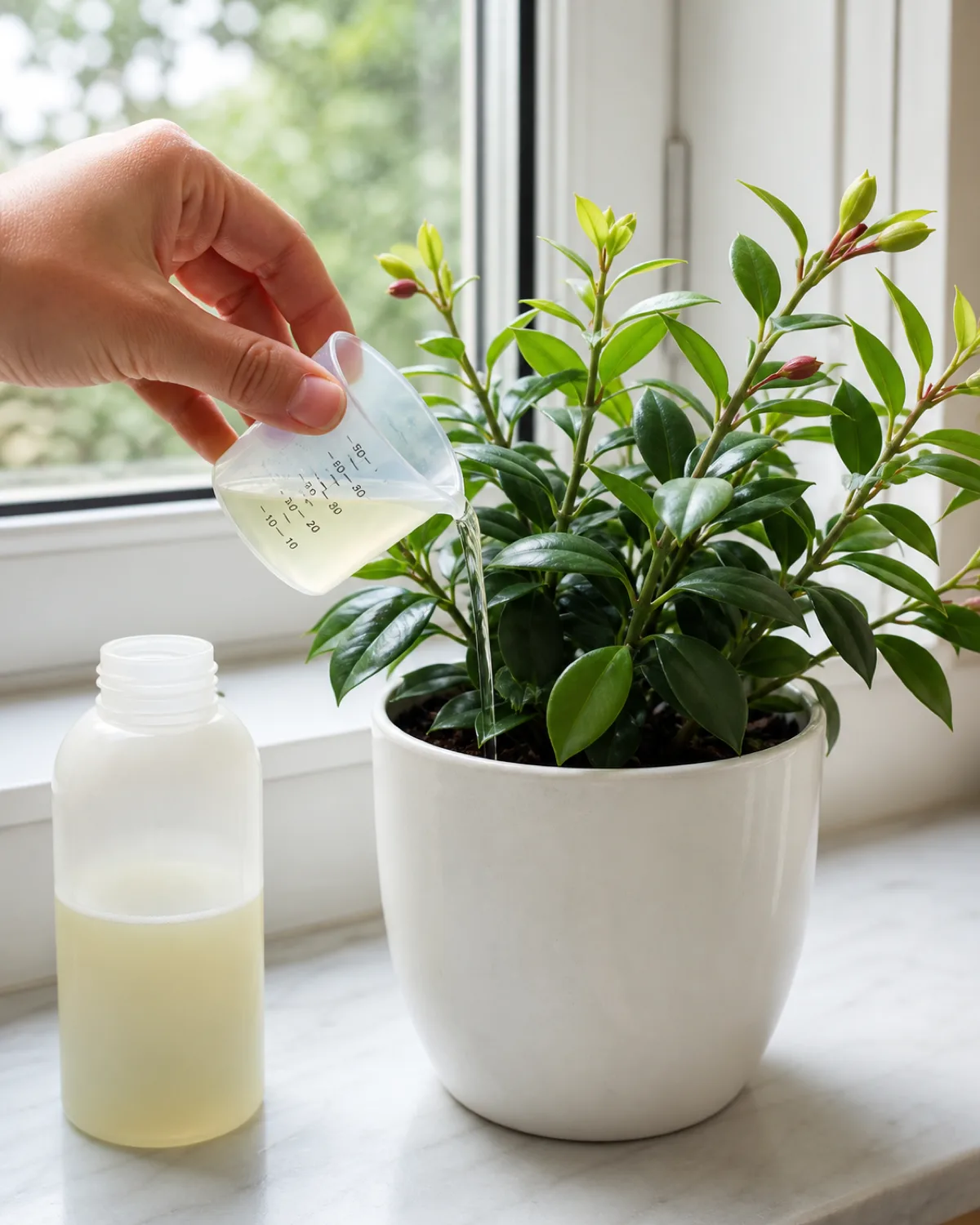Close-up of a person adding diluted liquid fertilizer to a lipstick plant a clear measuring cup with pale liquid next to a bottle of plant food the plant in a white ceramic pot showing vigorous new growth at the stem tips with small reddish flower buds forming a bright kitchen windowsill setting natural light highlighting the fresh green growth