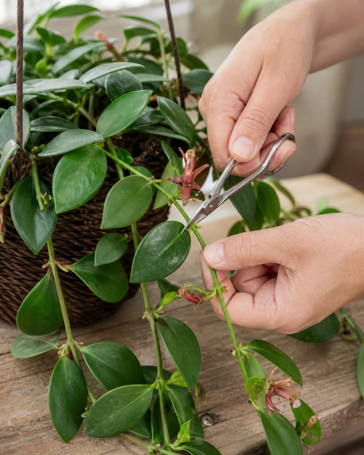 A person hands using clean sharp scissors to trim a lipstick plant stem just above a leaf node spent flower remnants visible on the cut portion the plant in a hanging basket on a table during maintenance several healthy trailing stems showing where new side shoots have previously emerged from past pruning points bright natural light instructional gardening style