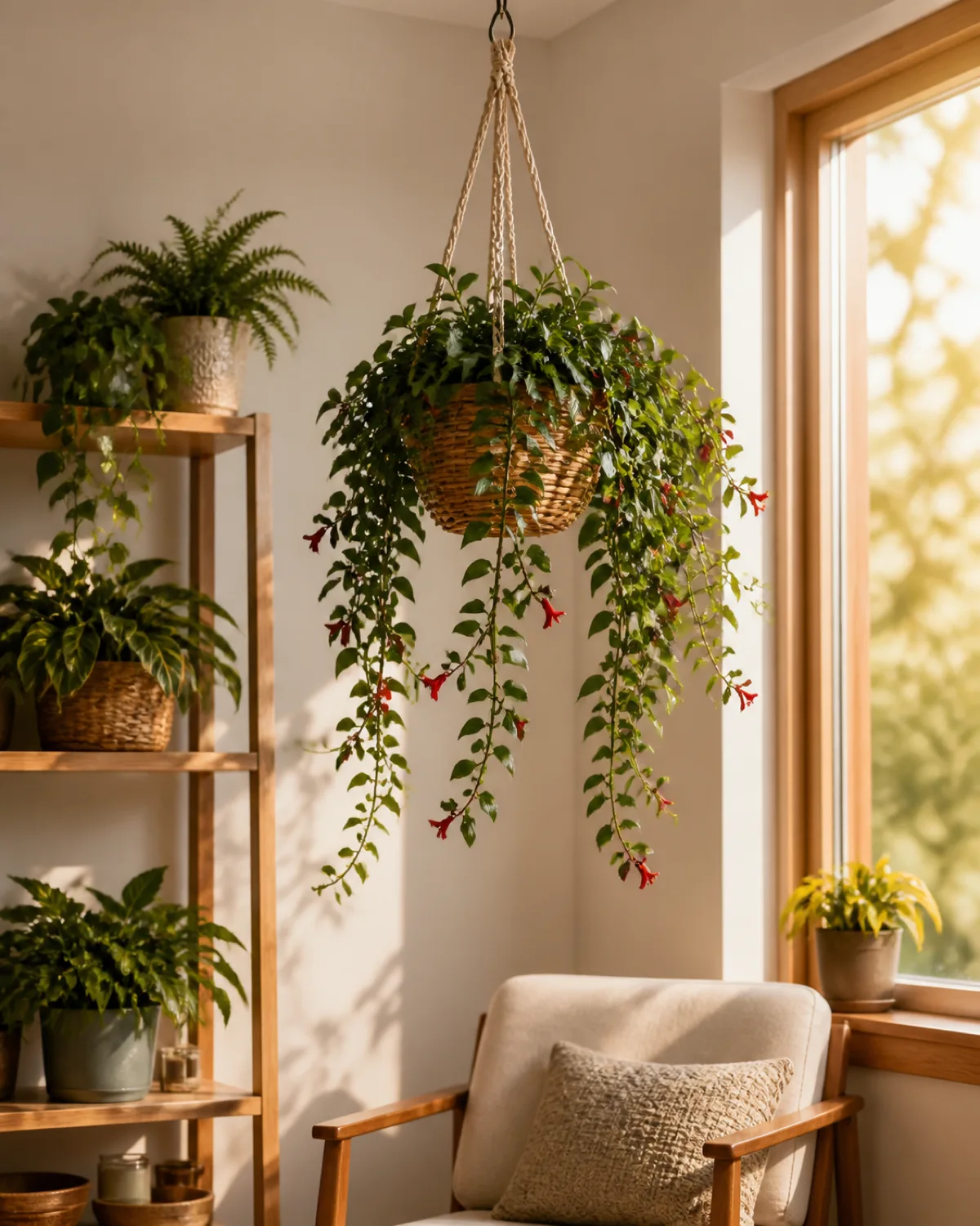 A beautifully styled interior vignette showing a lipstick plant cascading from a woven hanging basket suspended from a ceiling hook by a macrame hanger the red-flowering trailing stems draping down about two feet positioned near a window in a cozy reading nook with a comfortable chair below other potted houseplants on a nearby shelf creating a layered green display warm golden hour light interior design editorial style