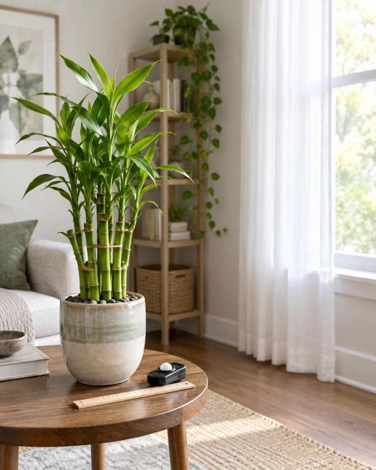A healthy multi-stalk lucky bamboo arrangement in a ceramic pot on a side table positioned near a bright east-facing window with sheer white curtains diffusing the light the leaves vibrant green without yellowing or scorching soft morning light filling a modern minimalist room