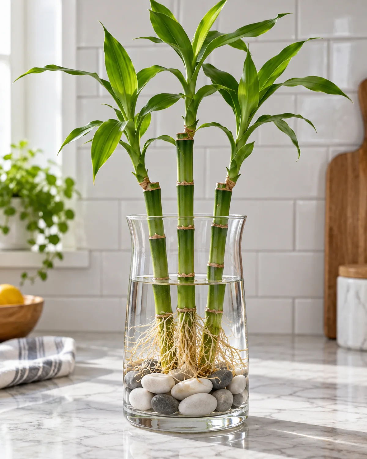 A crystal-clear glass vase showing the water culture setup for lucky bamboo with three green stalks standing in clean water roots clearly visible through the glass smooth white and gray river pebbles anchoring the stalks bright natural side lighting on a kitchen counter with white tile backsplash