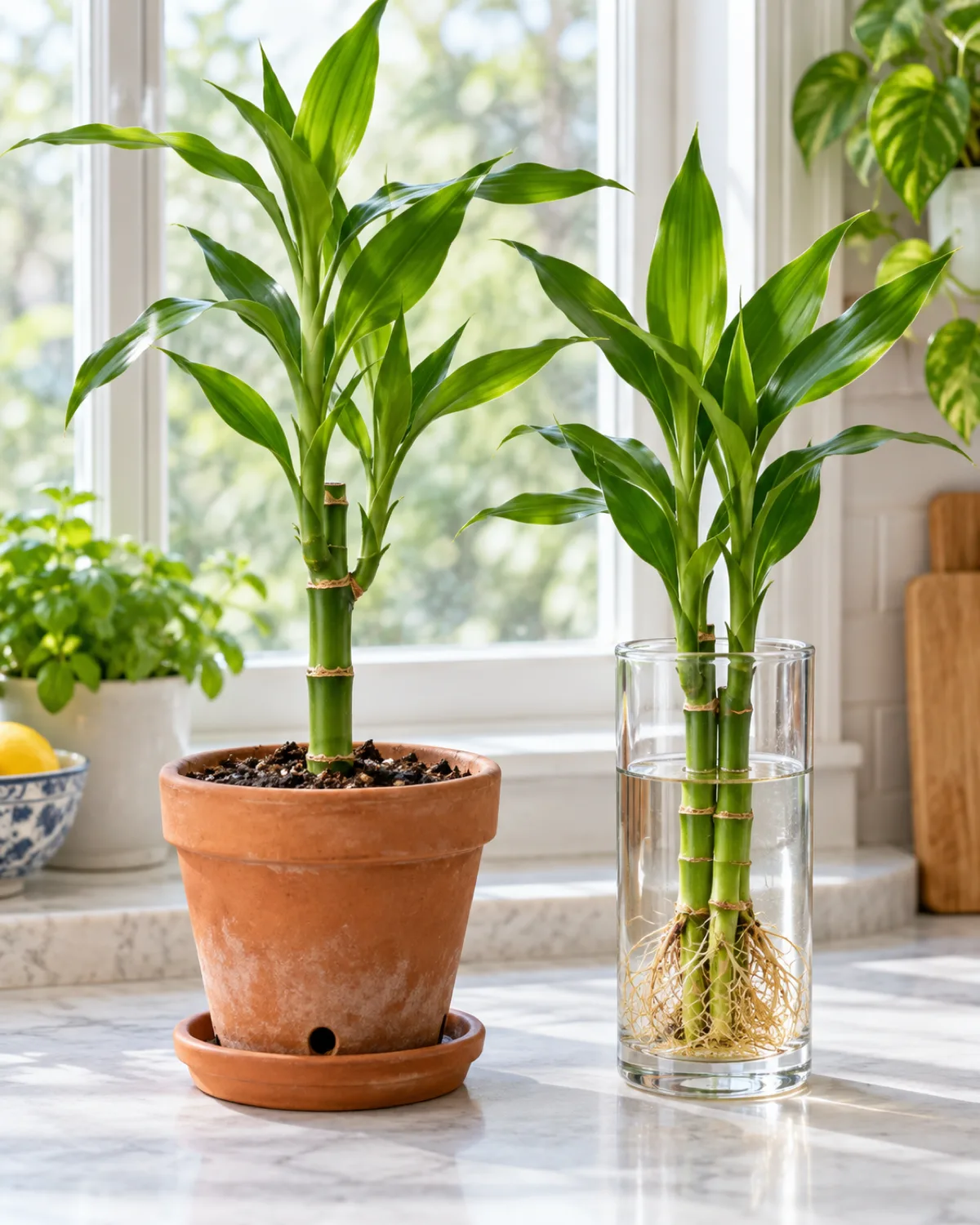 A healthy lucky bamboo stalk planted in a terracotta pot with drainage holes visible at the base the soil surface slightly moist and dark with a drainage saucer beneath beside a clear glass vessel with a water-grown lucky bamboo for comparison both equally healthy on a bright kitchen windowsill