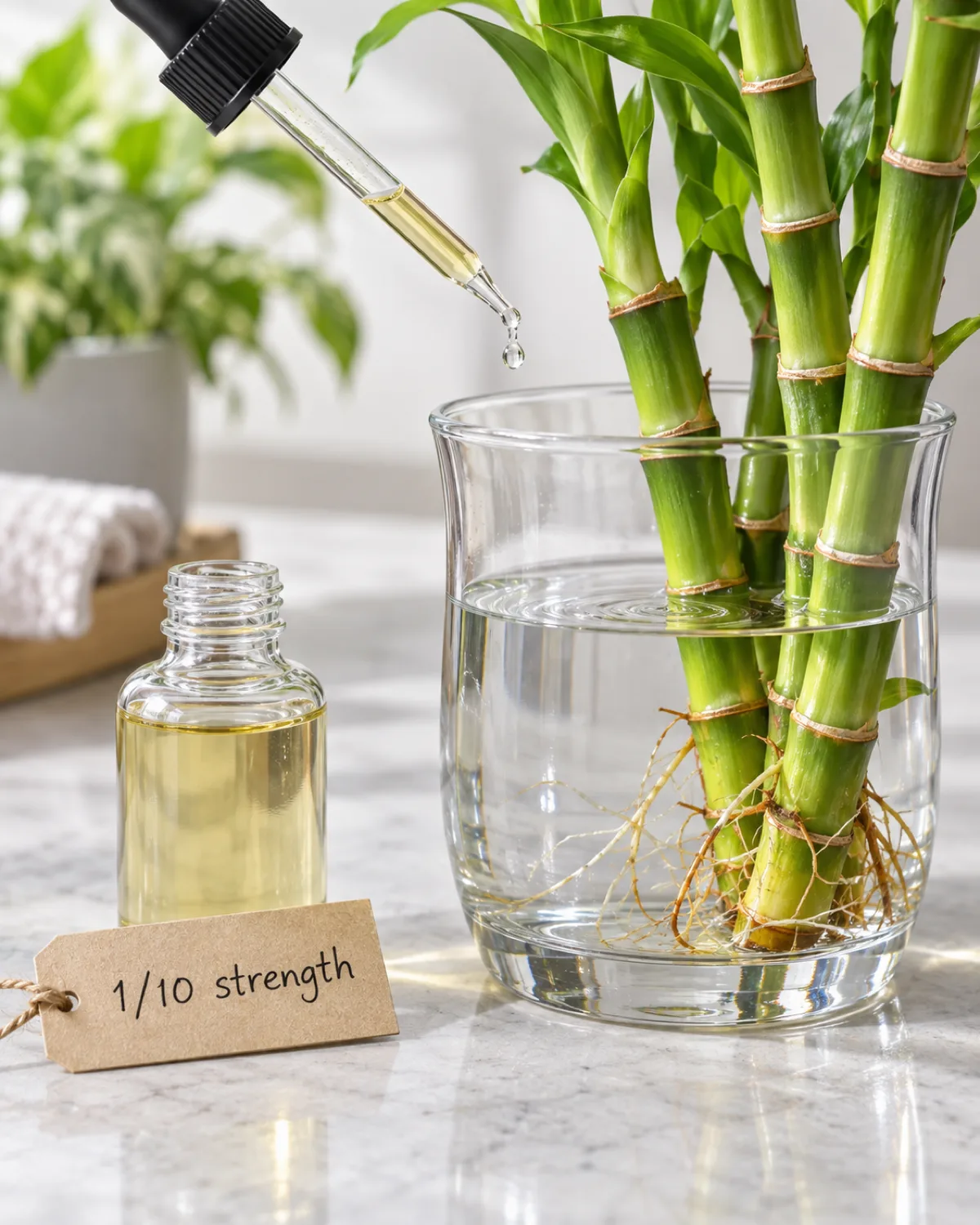 A close-up of lucky bamboo fertilizing showing a small bottle of dilute liquid plant food next to a glass vase containing lucky bamboo in water with a single drop being added from a dropper the water clear and clean emphasizing the minimal amount needed bright clean tabletop with soft natural overhead light