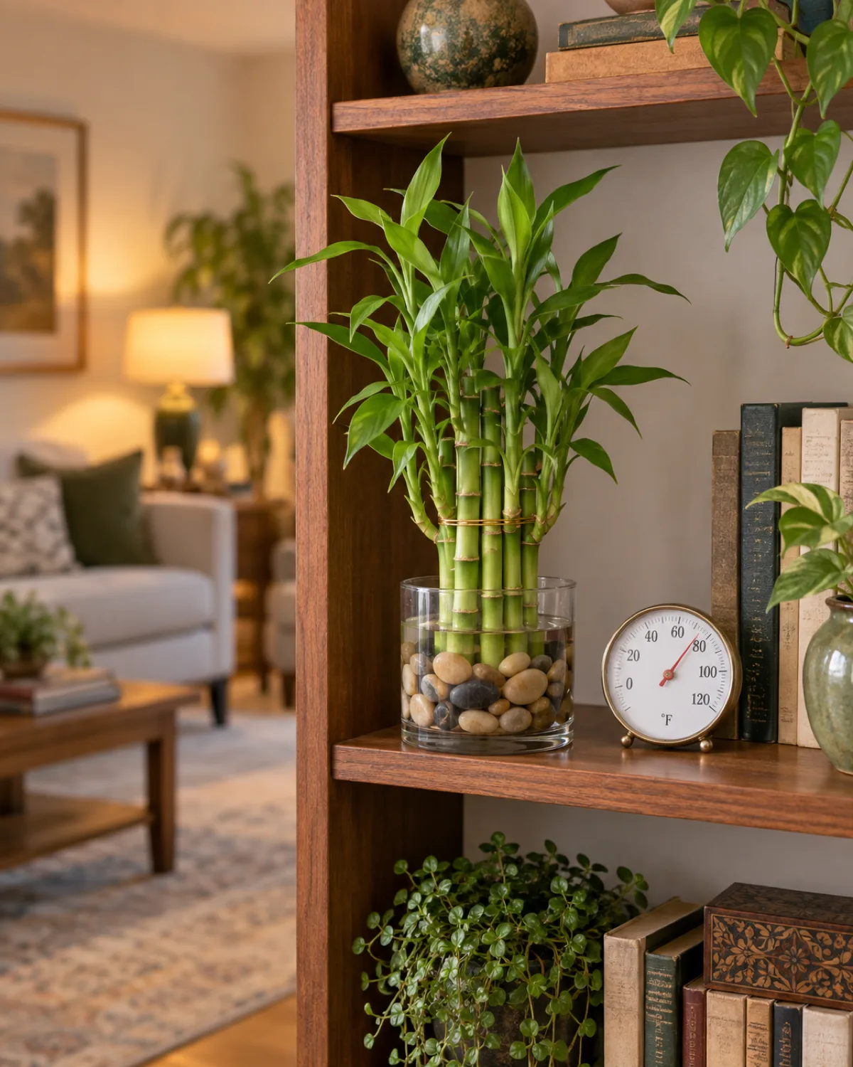 A healthy lucky bamboo arrangement on a wooden bookshelf in a cozy living room away from windows and vents warm ambient light a small analog thermometer nearby showing the comfort range around 75 degrees the plant with vibrant green stalks and leaves warm interior tones