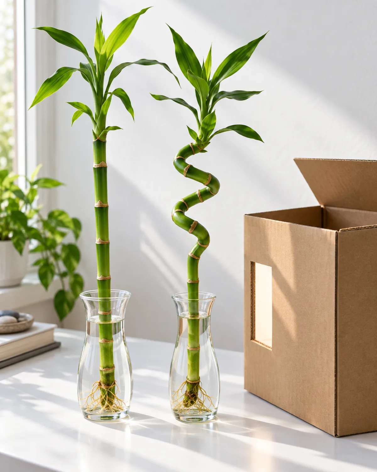 Two lucky bamboo stalks side by side one naturally straight and one with a graceful spiral curl both in separate small glass vases with water a partially open cardboard box with a cutout window visible nearby showing the directional light technique for creating spirals bright green foliage clean white workspace