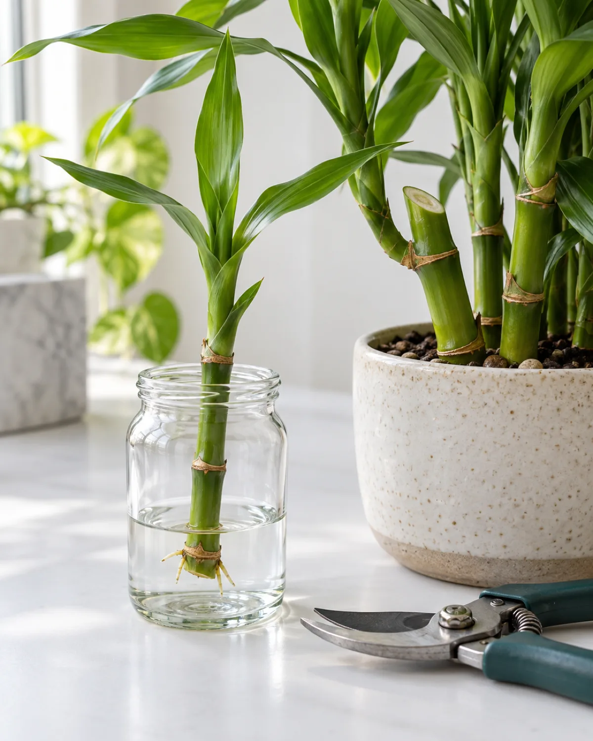 A lucky bamboo propagation setup showing a cutting about 4 inches long with a visible node and small root nubs in a small clear glass jar with clean water beside the mother plant showing where the cut was made a clean sharp blade on the table soft natural light clean white surface