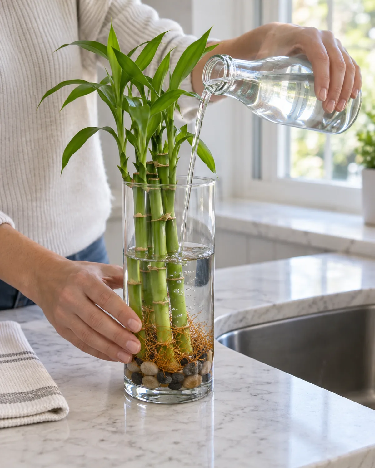 Hand pouring fresh filtered water from a glass bottle into the open top of a clear vase of lucky bamboo beside a kitchen sink while the other hand steadies the vase with orange roots and river pebbles visible through the glass the final refill step of the weekly water change routine on a white marble counter in soft window light