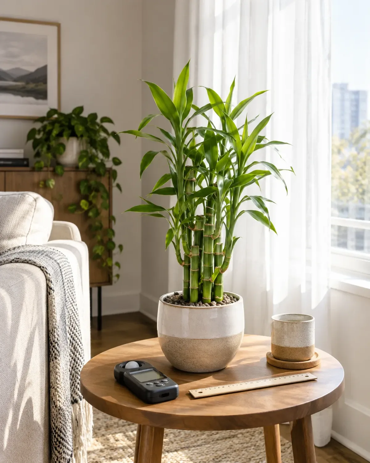 A close-up of lucky bamboo leaves and stalk being examined for pests showing the undersides of healthy leaves a small magnifying glass nearby cotton swabs and a small bottle of neem oil solution on a bright windowsill natural morning light clean editorial composition