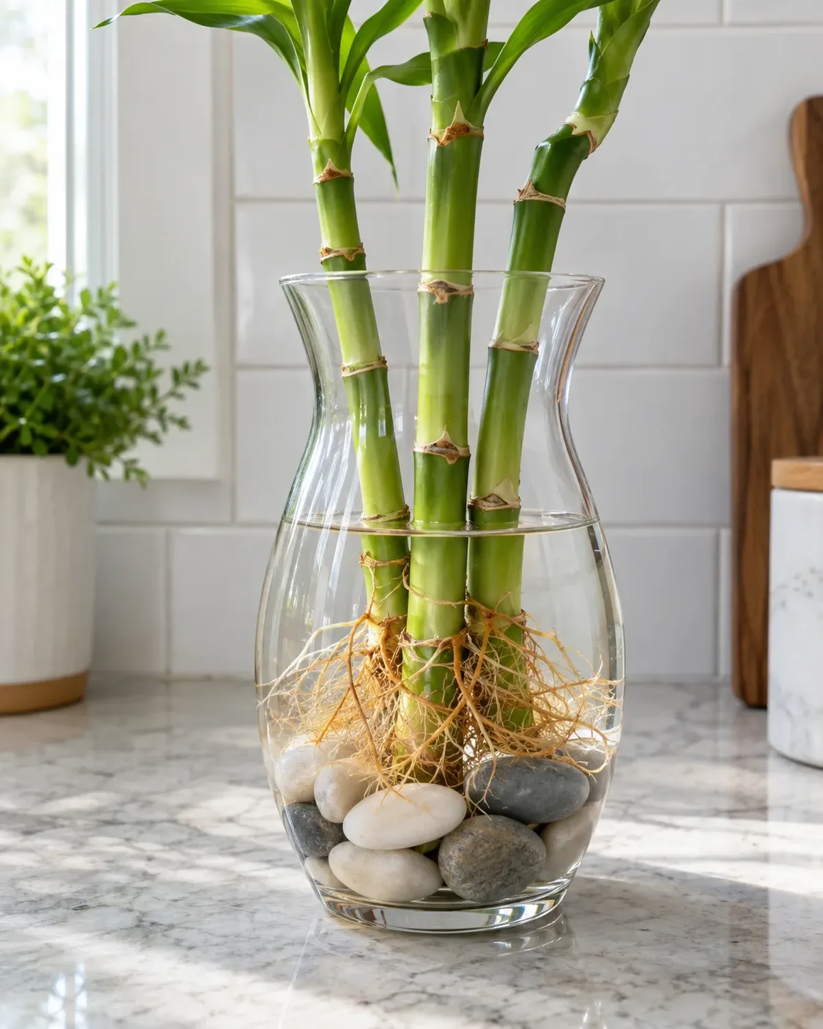 A lucky bamboo arrangement in a tall narrow glass vase placed high on a floating wall shelf well out of reach below the shelf a curious orange tabby cat sitting on the floor looking up at the plant bright airy room white walls warm natural afternoon light lifestyle photography
