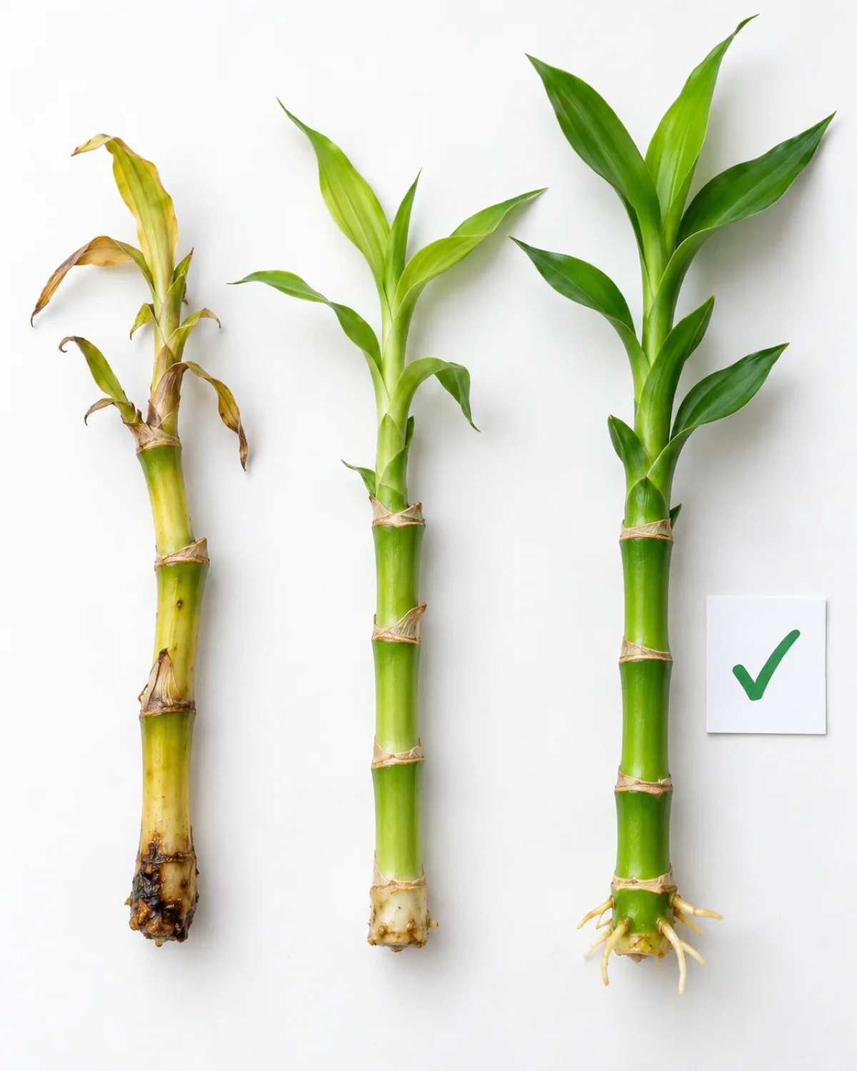 Three lucky bamboo stalks laid on a clean white surface showing the quality spectrum from left to right one with a mushy yellowish base another average with slightly pale color and one perfectly firm bright green with visible healthy root nubs and vibrant leaves a checkmark card near the best one bright overhead natural light educational flat-lay style