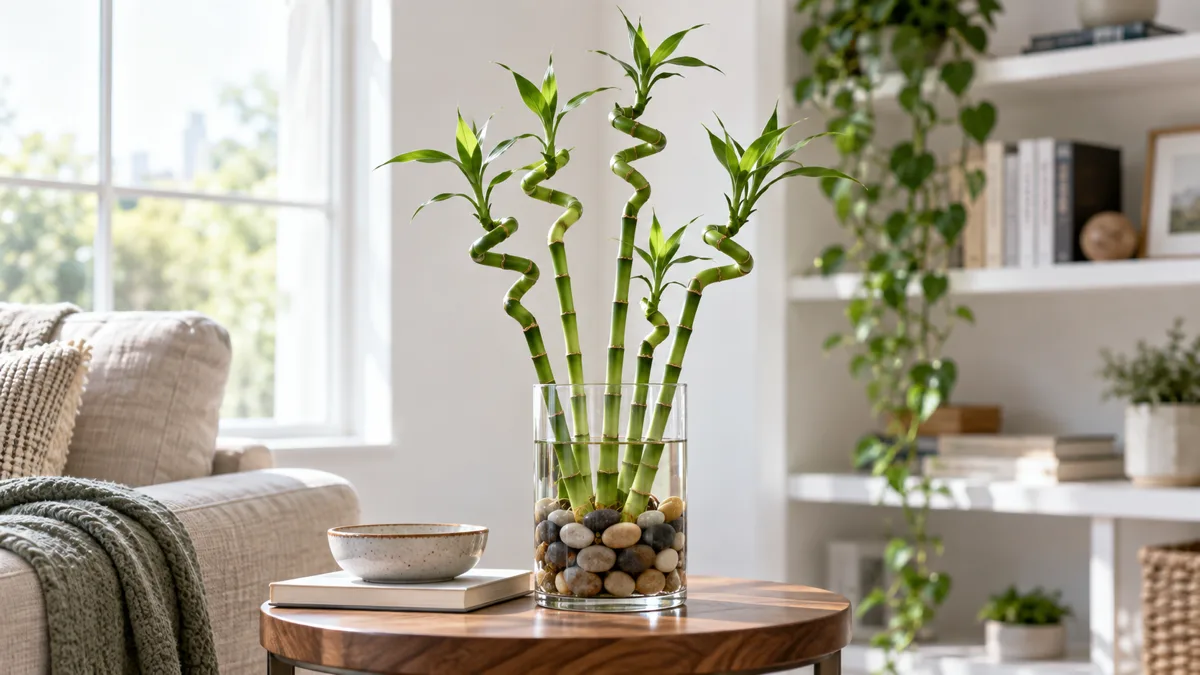 A tall arrangement of lucky bamboo stalks in a clear glass vase filled with river pebbles and clean water on a modern living room side table with bright natural light from a nearby window