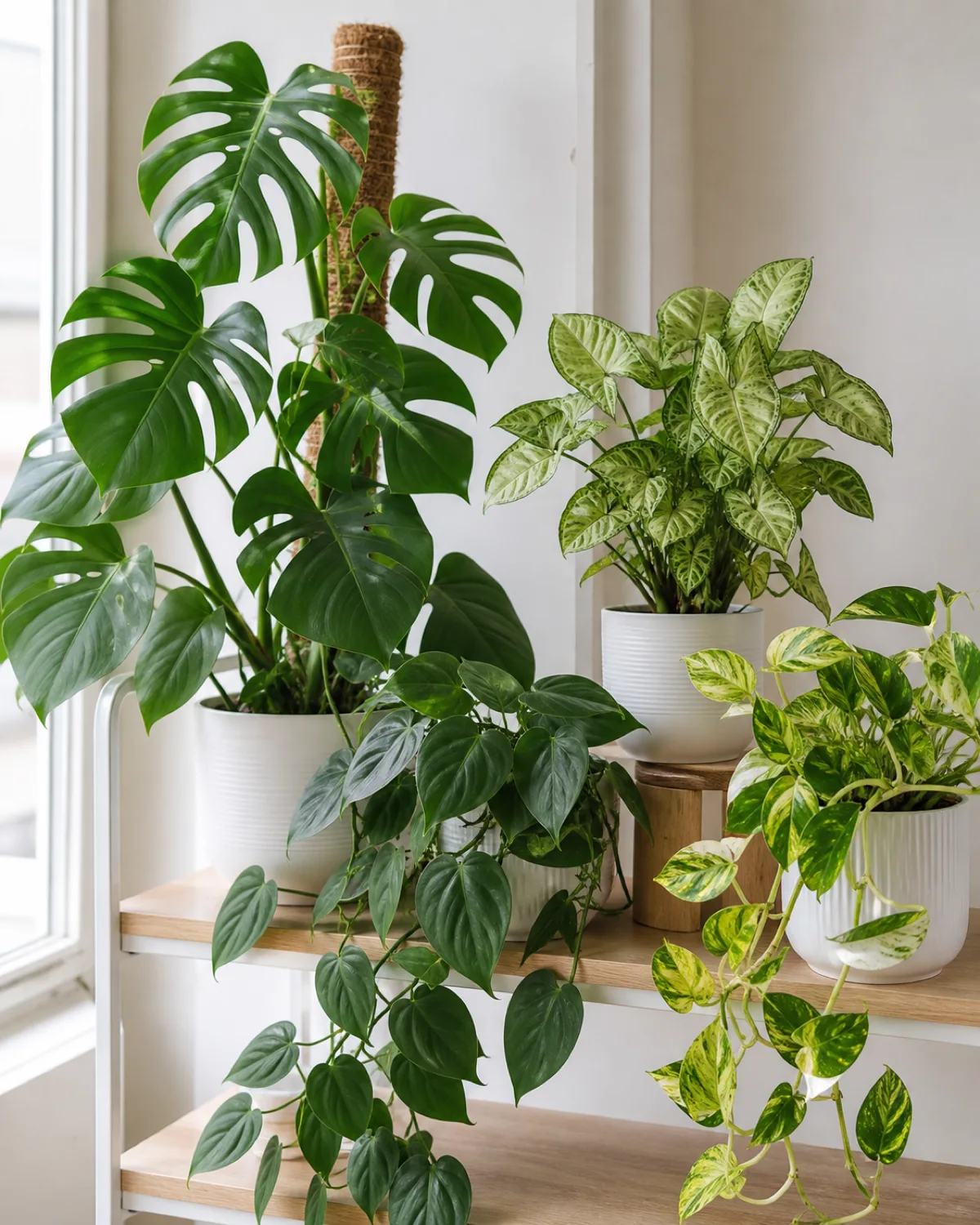 A collection of climbing houseplants arranged together on a bright shelf a Monstera deliciosa with fenestrated leaves on a moss pole a heartleaf Philodendron trailing nearby a Syngonium with arrow-shaped leaves and a golden Pothos vine all in matching white pots showing the variety of climbing aroids that benefit from vertical support natural light styled plant shelf