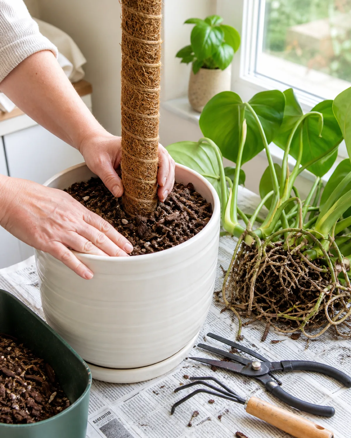 A person hands installing a moss pole in a large white ceramic pot during repotting the pole standing upright in the center with fresh aroid soil mix being added around its base a Philodendron plant with aerial roots waiting on newspaper beside the pot gardening tools nearby bright natural light from a window