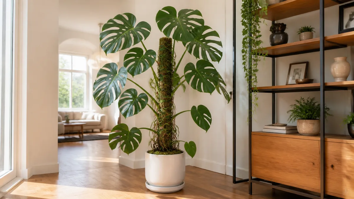 A tall Monstera deliciosa climbing a sphagnum moss pole in a white ceramic pot in a bright living room with large fenestrated mature leaves fanning out at the top of the pole and visible aerial roots gripping the moist moss surface next to a modern bookshelf with natural light streaming from a window warm wood floor