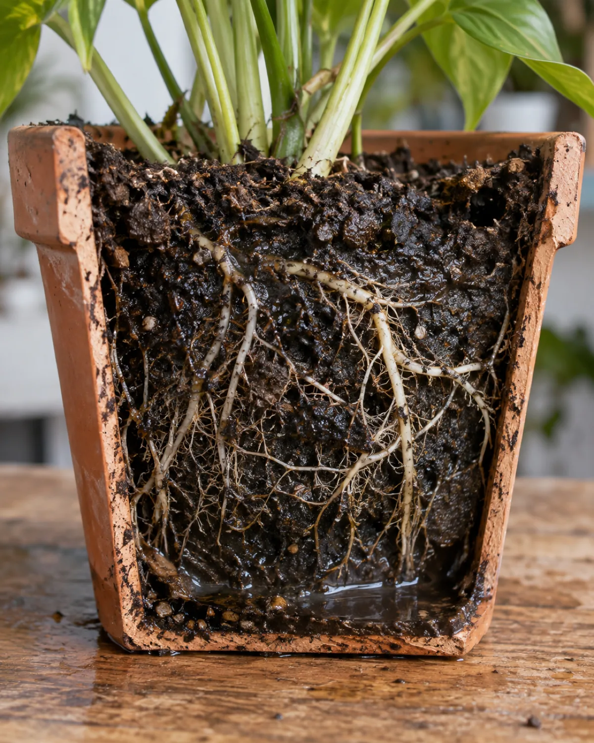 Close-up cross-section of a terracotta pot with waterlogged soil showing saturated dark soil with no air pockets and pale suffocated roots visible at the pot edge