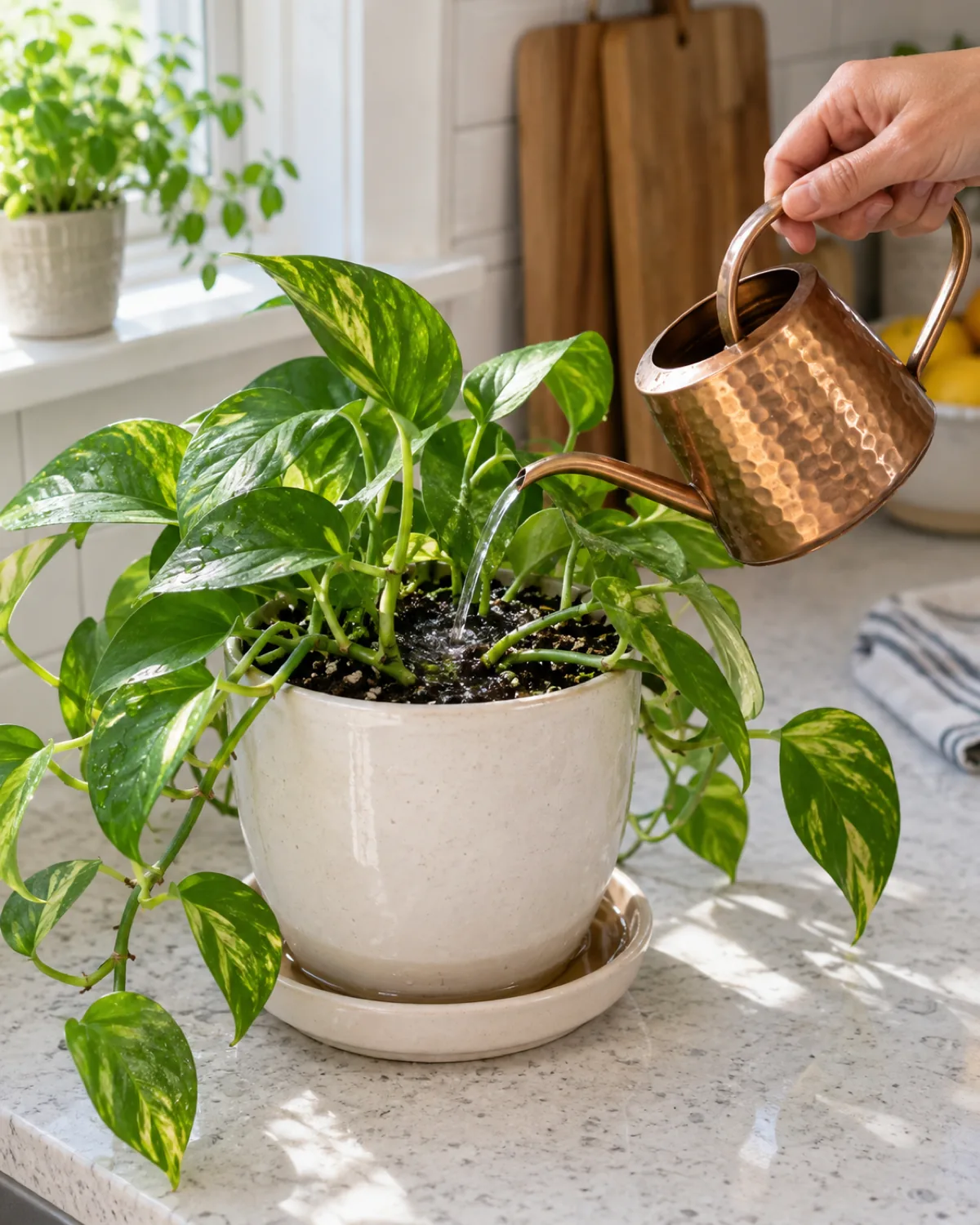 A hand holding a small copper watering can over an already wet pothos in a white ceramic pot with water pooling in the saucer below on a bright kitchen counter