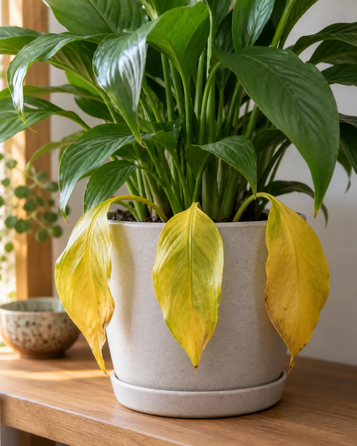 A houseplant with three mushy yellow lower leaves while upper leaves remain vivid green in a light gray ceramic pot on a wooden shelf with warm natural light from the left