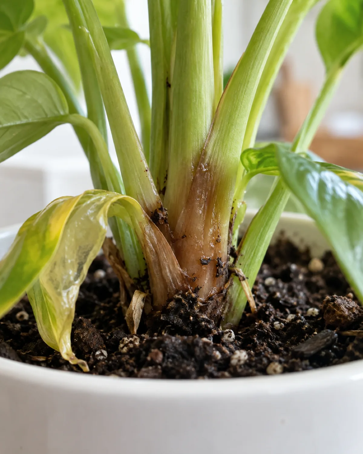 A houseplant stem base showing early overwatering damage with the lower stem slightly brown and soft and a few translucent waterlogged leaves near the base in a clean white pot