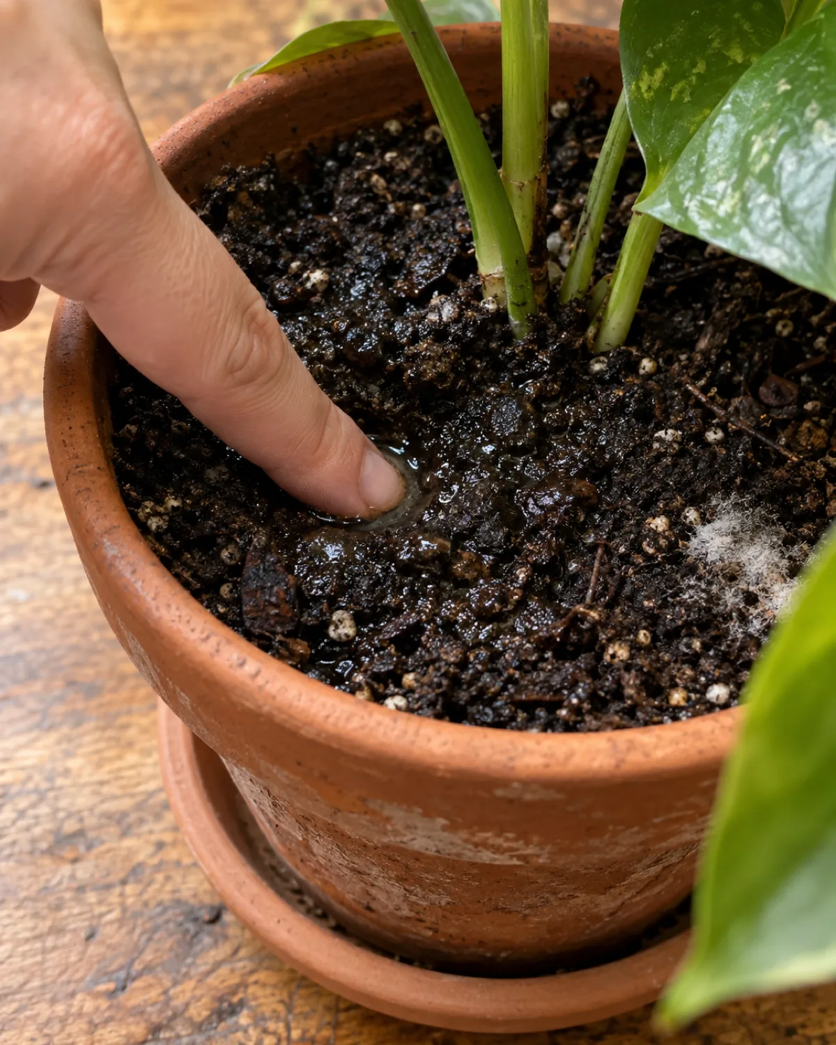 A finger pressing into dark wet soil in a terracotta pot with the finger impression staying waterlogged and a faint white fuzzy mold patch on the soil surface near the rim