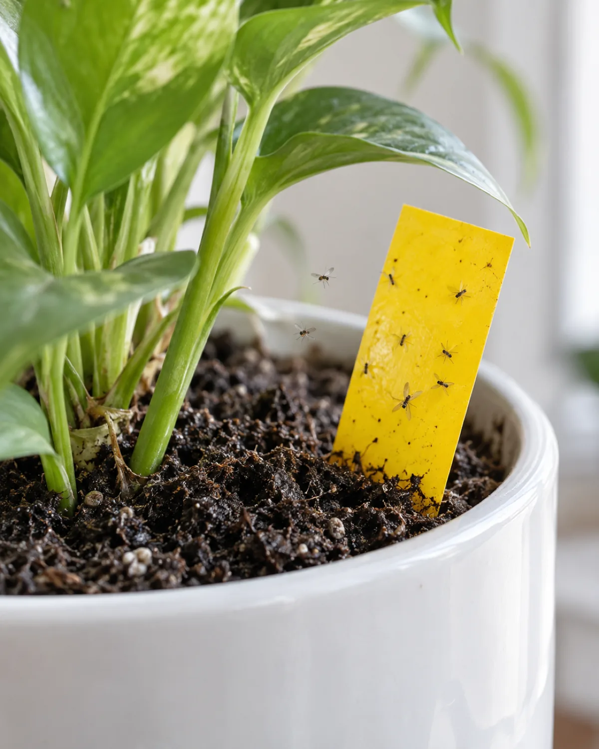 Tiny fungus gnats hovering around the moist soil surface of a potted houseplant with a yellow sticky trap stuck in the soil and a few gnats caught on it in bright natural light