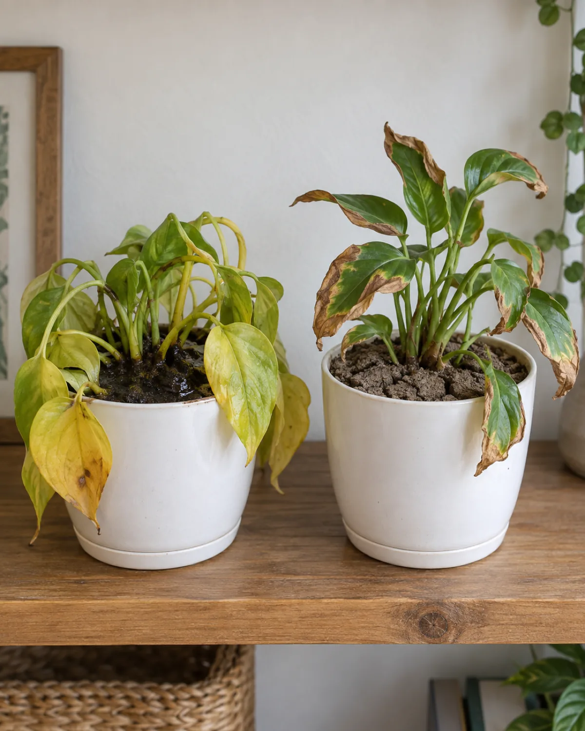 Two potted plants side by side for comparison one with limp mushy yellow leaves in wet soil and one with crispy dry brown leaf edges in dry cracked soil in matching white pots on a wooden shelf