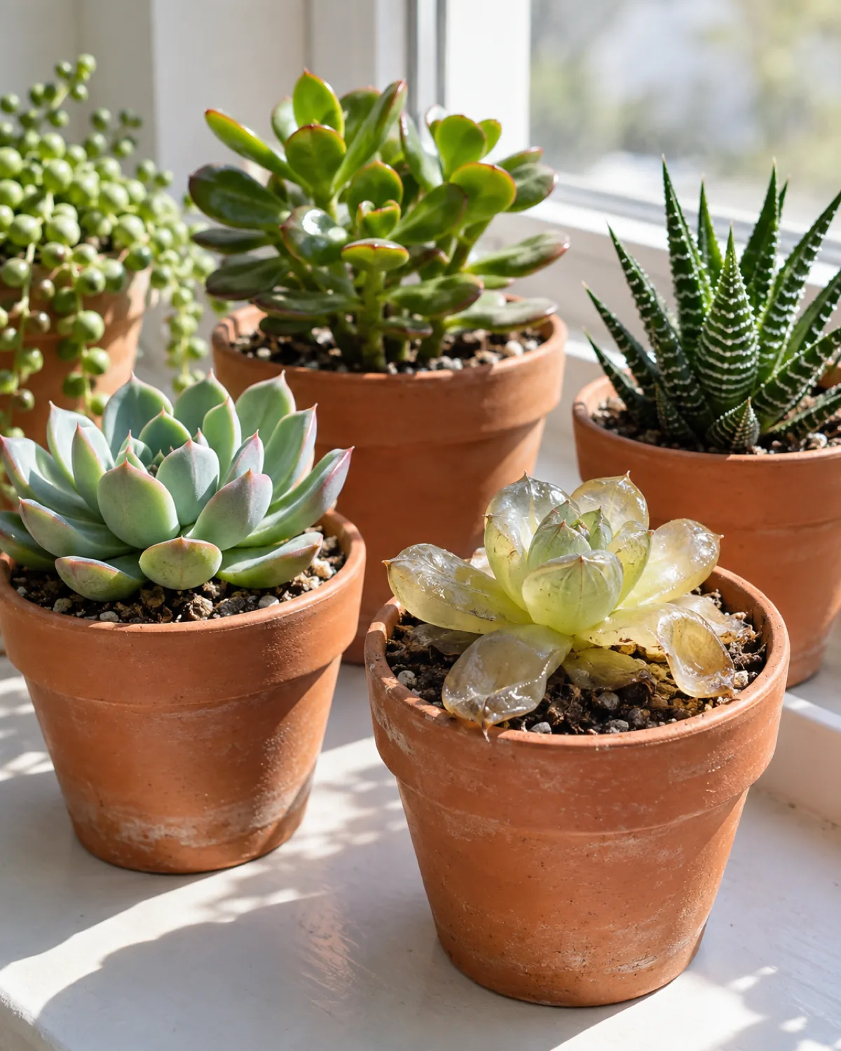 A group of succulents in small terracotta pots on a bright windowsill with one succulent showing transparent mushy leaves from overwatering while the others are plump and healthy