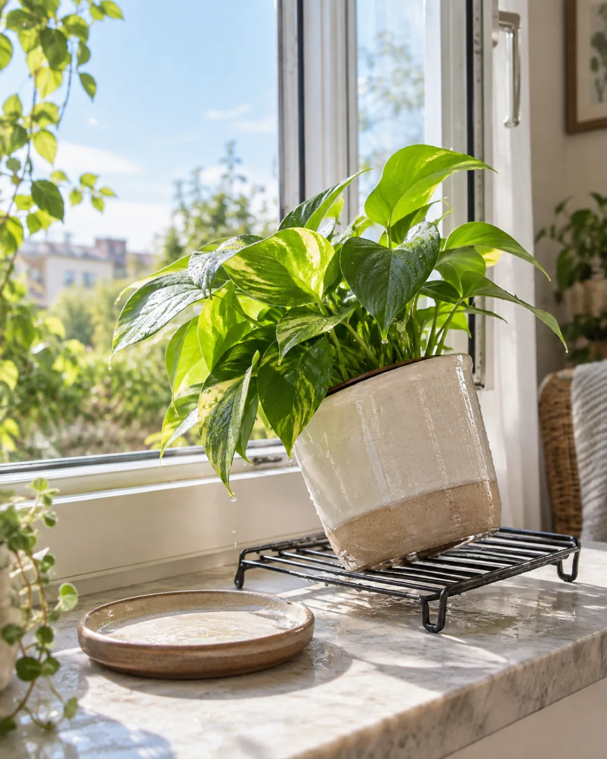 A recently overwatered potted plant being moved to a bright window with the pot tipped slightly on a draining rack and saucer removed near an open window with good air circulation
