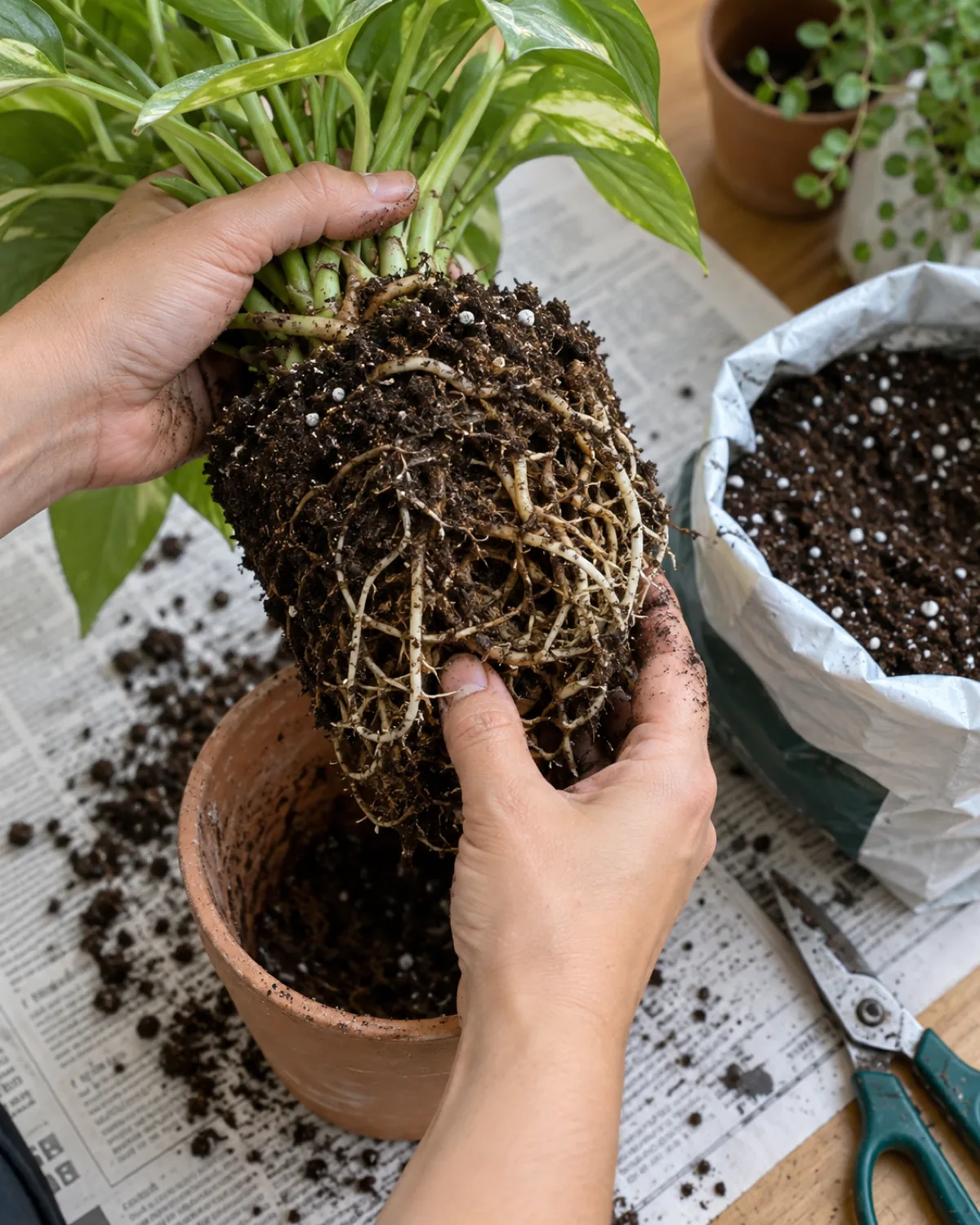 Hands removing a houseplant from its pot during repotting with the root ball visible showing some brown mushy roots mixed with healthy white roots on newspaper with fresh dry potting mix and pruning scissors nearby