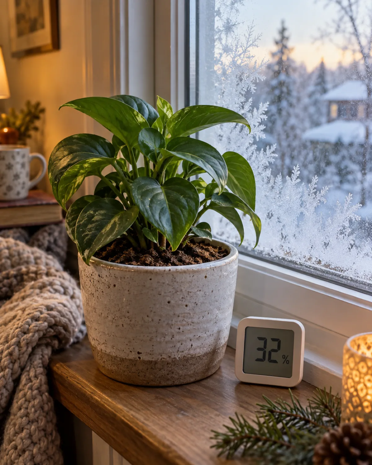 A cozy indoor setting in winter with a houseplant on a window ledge with frost visible outside a small hygrometer next to the pot warm interior light and slightly dry soil suggesting reduced winter watering