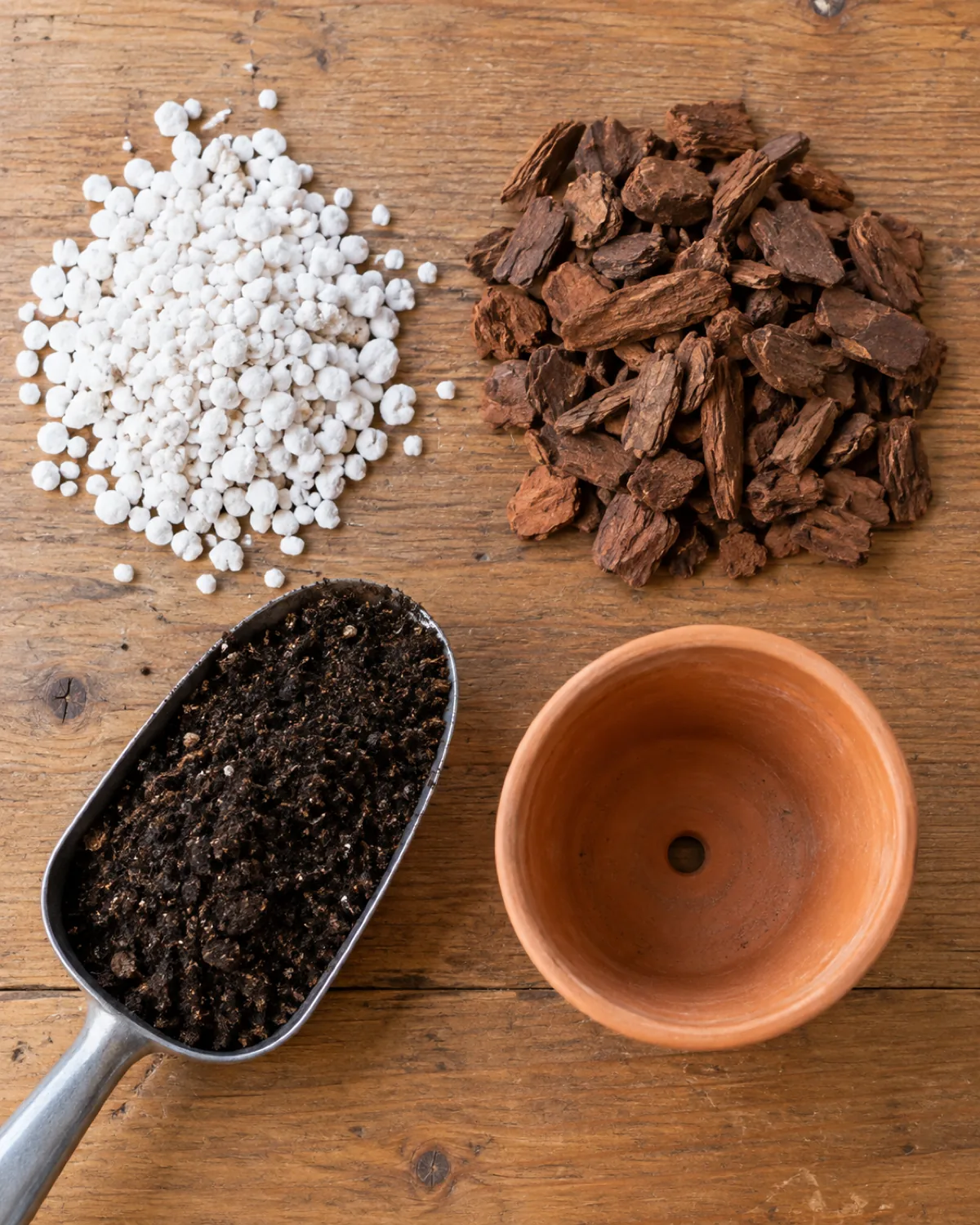 Potting mix ingredients laid out on a wooden surface a mound of white perlite orchid bark chips a scoop of dark potting soil and a small empty terracotta pot in bright natural light overhead angle