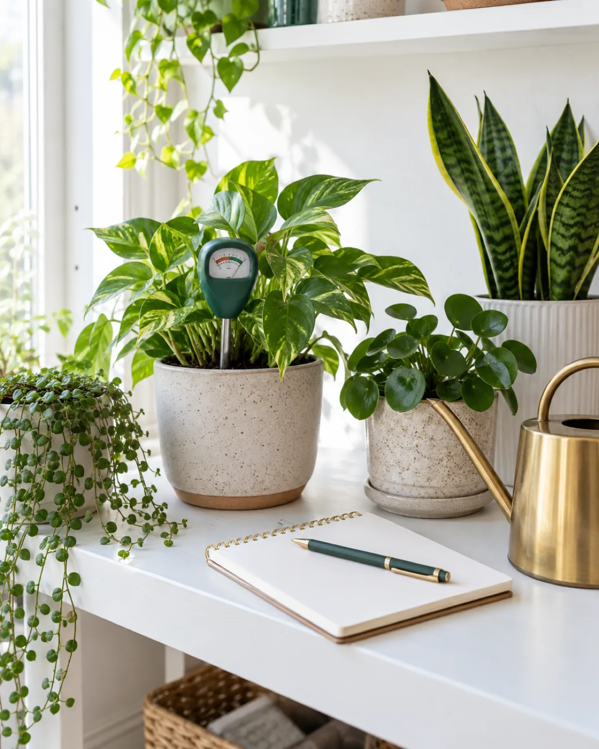 A clean organized plant care station with healthy houseplants on a bright shelf a moisture meter in one pot a small notepad with pen and a watering can in a bright airy room