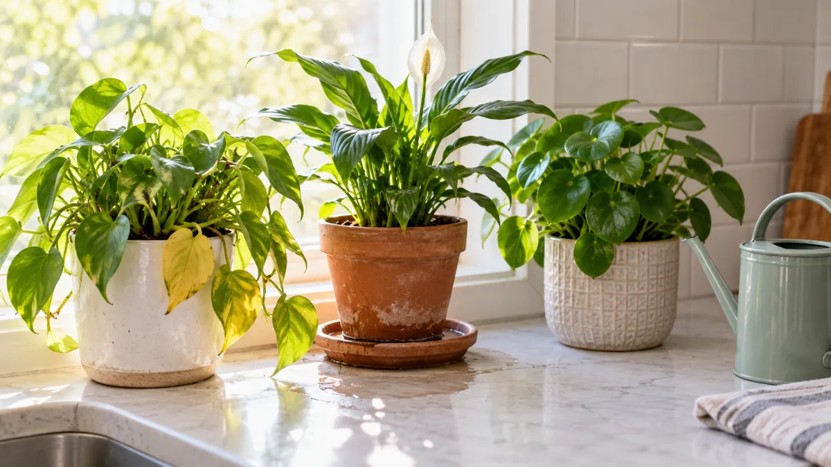 Three potted houseplants on a bright kitchen windowsill showing early signs of overwatering with slightly yellow lower leaves a wet saucer and a healthy plant for contrast in soft morning light