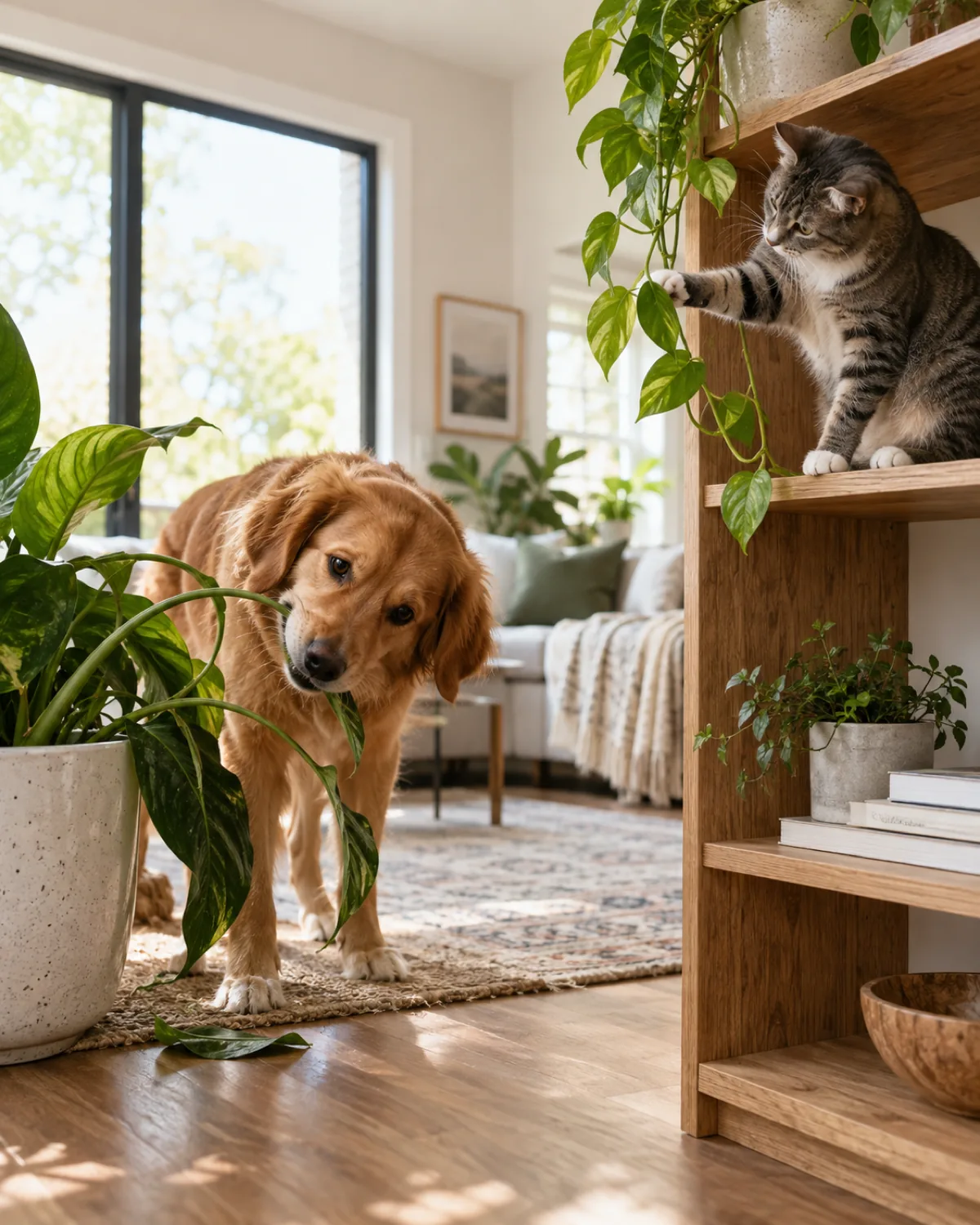 A split scene in a bright home showing a dog chewing on a houseplant stem at floor level on the left and a cat delicately batting at a hanging plant leaf from a shelf on the right illustrating different pet behaviors with plants