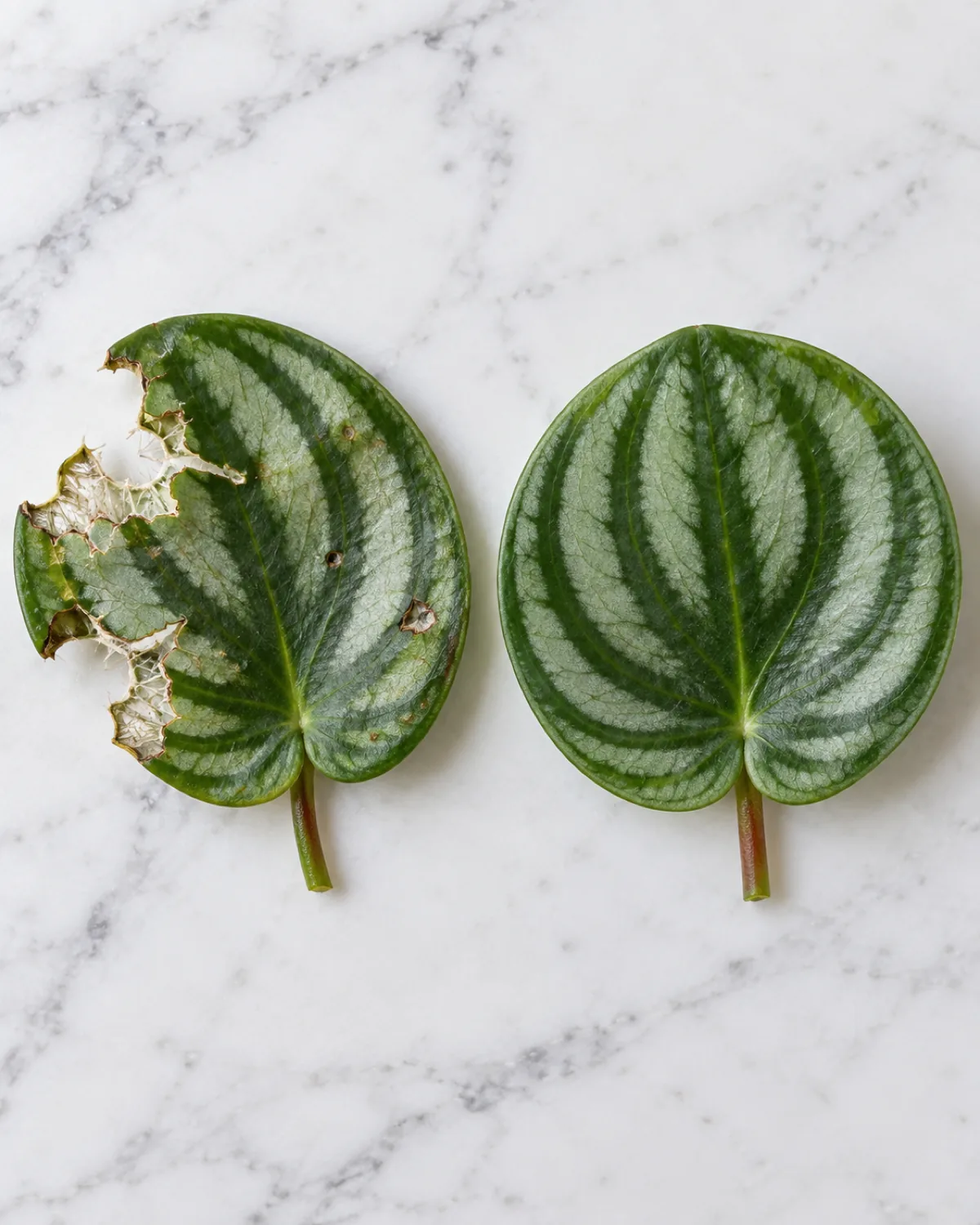 A close-up educational comparison on a clean white marble surface showing a chewed leaf with visible damage from calcium oxalate on the left and a healthy intact peperomia watermelon leaf on the right