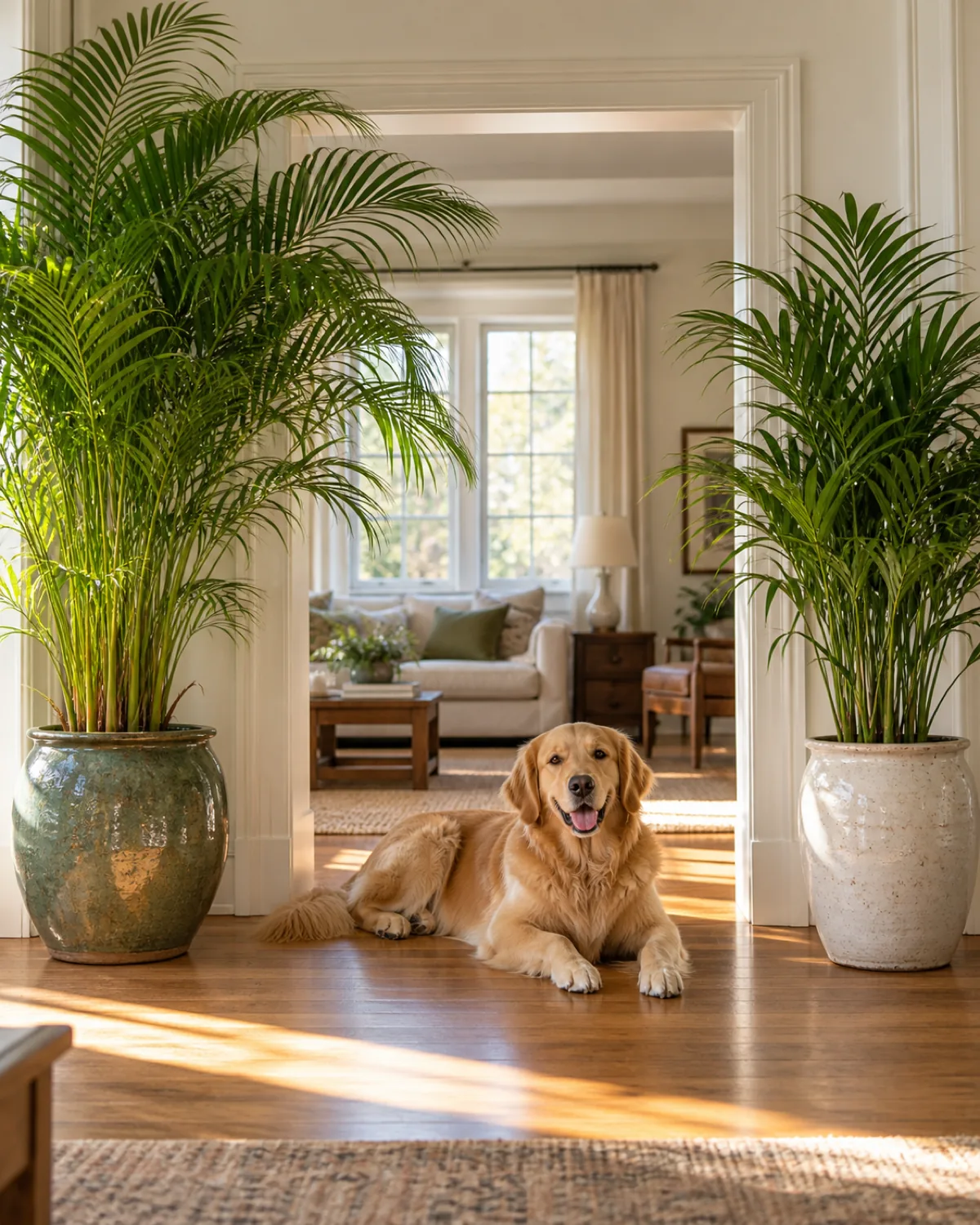 A large areca palm and a parlor palm flanking a wide doorway in a bright living room with a relaxed golden retriever lying contentedly between the two heavy ceramic pots on a wooden floor