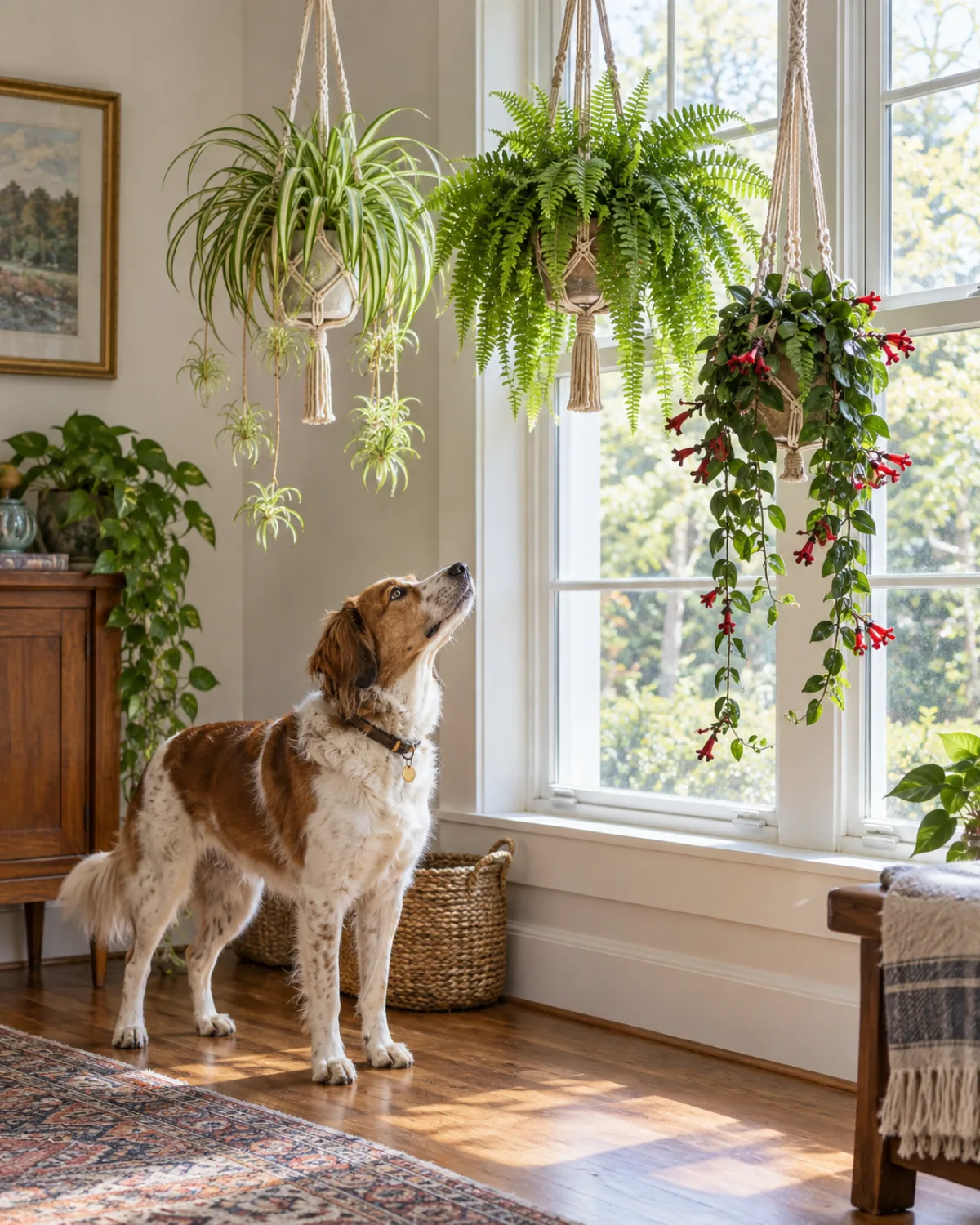 A bright window corner with three macrame hangers at different heights holding a spider plant with cascading babies a lush Boston fern and a trailing lipstick plant with red blooms with a curious dog looking up from below