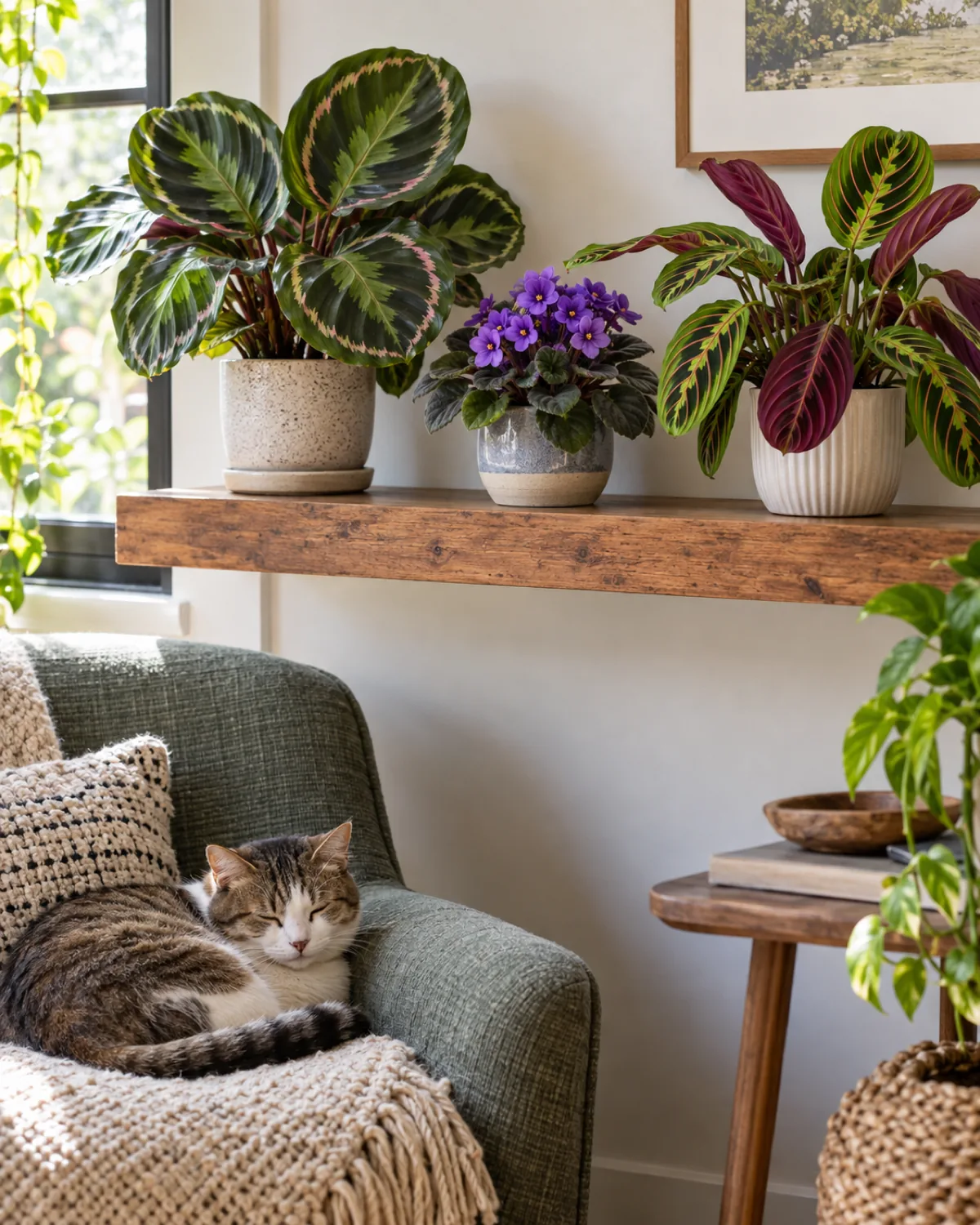 A styled floating shelf display showing a vibrant calathea medallion with patterned leaves a purple African violet in full bloom and a prayer plant showing its purple-red undersides with a cat curled up on a nearby chair