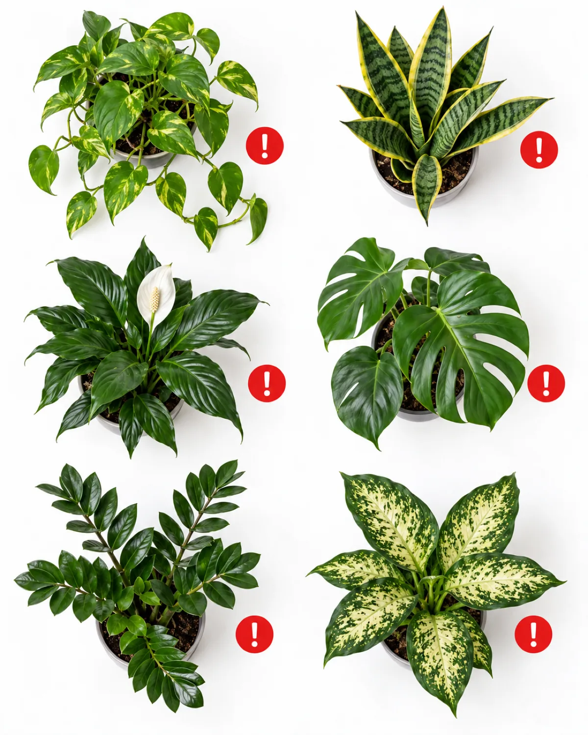 An overhead flat lay grid of six common toxic houseplants on a white surface including pothos snake plant peace lily monstera ZZ plant and dieffenbachia each with a small red circle warning icon beside it