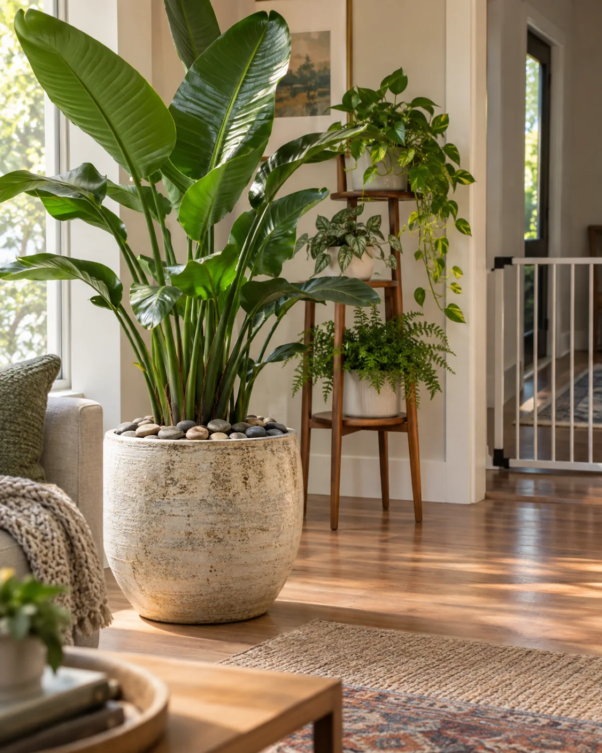 A stylish pet-proofed plant corner in a modern living room showing a large plant in a heavy ceramic pot with decorative river rocks covering the soil surface plants on an elevated mid-century modern plant stand and a baby gate in the background