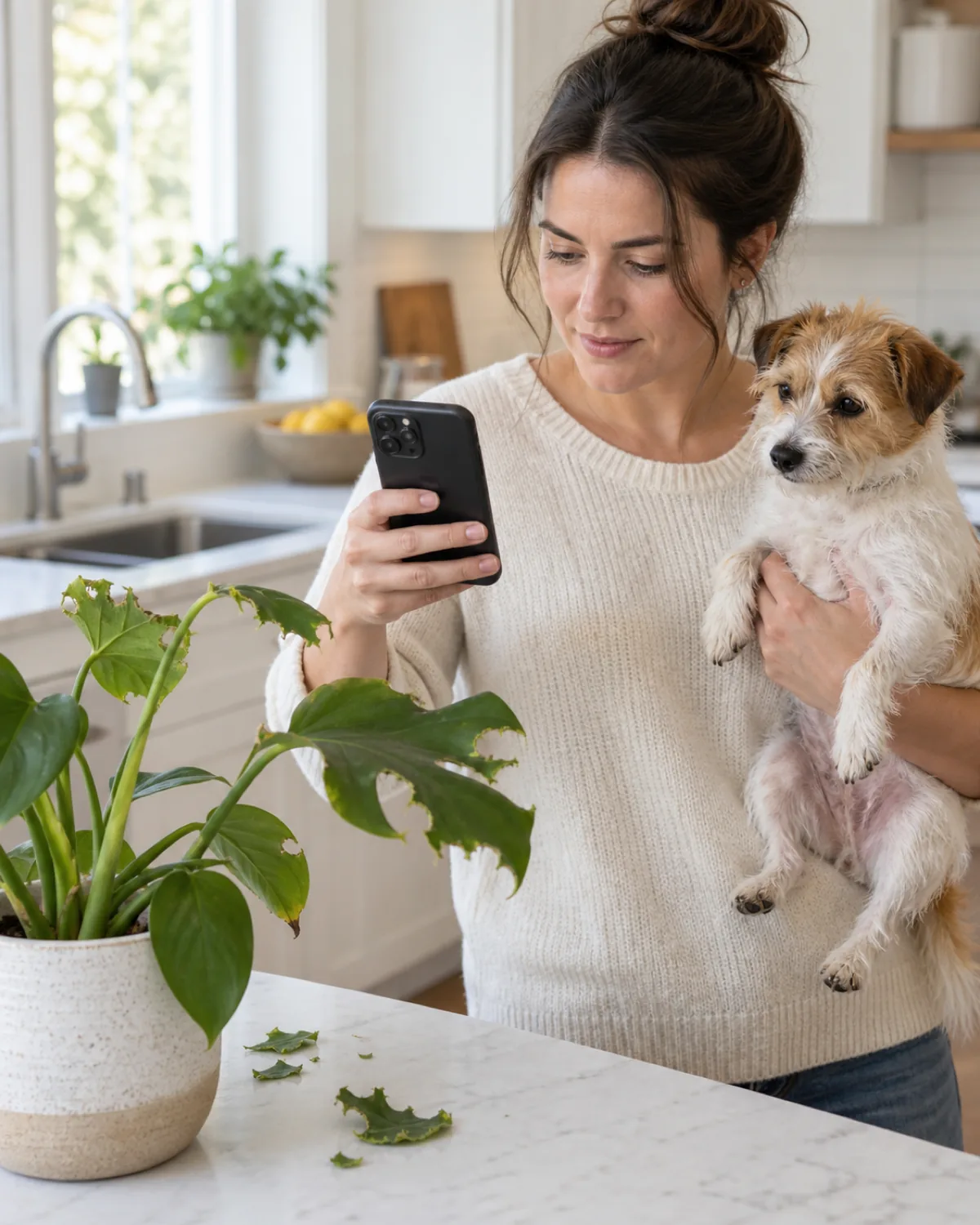 A pet owner in a bright kitchen calmly photographing a partially chewed houseplant with their phone while holding a small calm dog in one arm