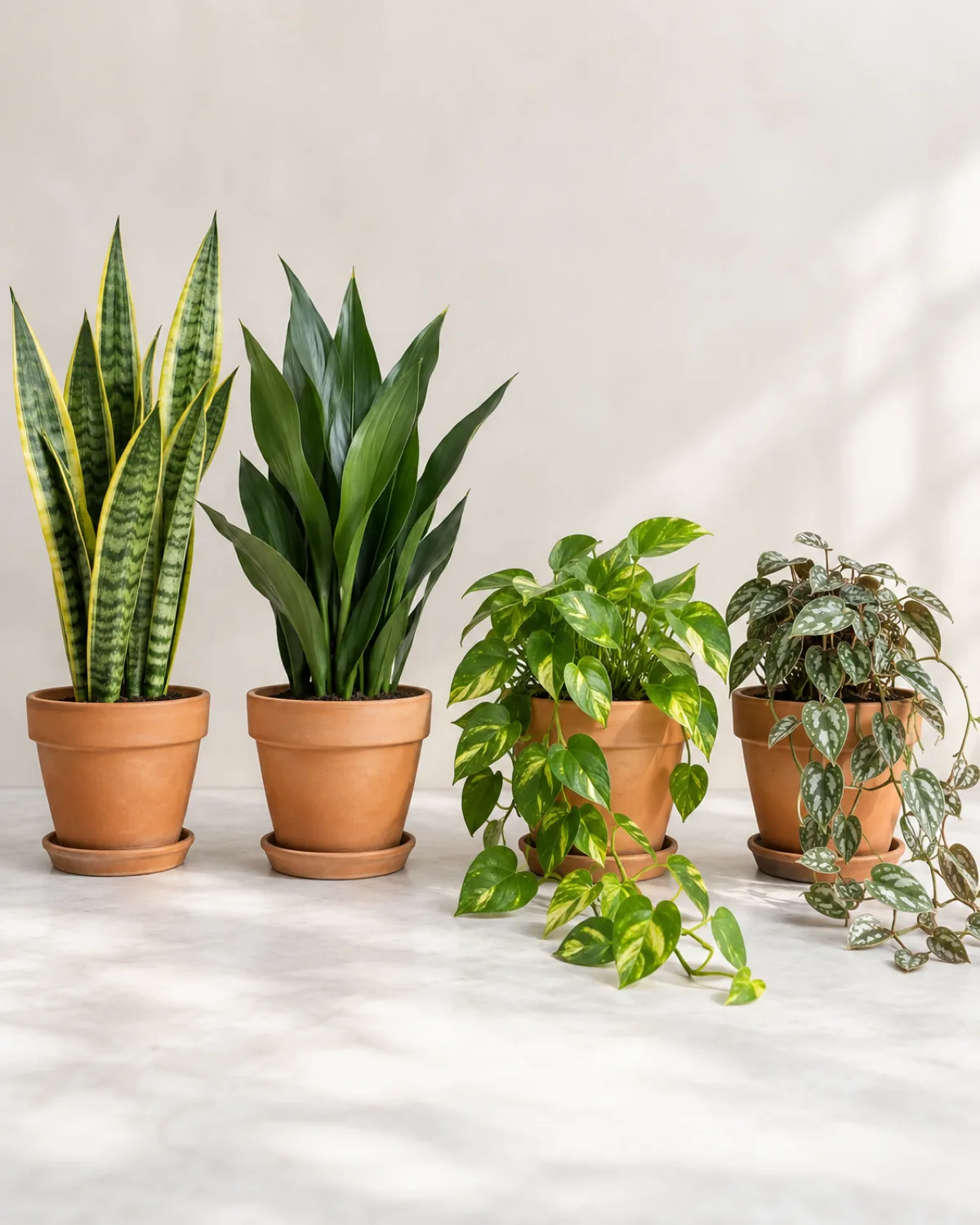 A side-by-side comparison showing two pairs of plants in matching terracotta pots a tall snake plant next to a similar cast iron plant on the left and a trailing pothos next to a trailing hoya on the right