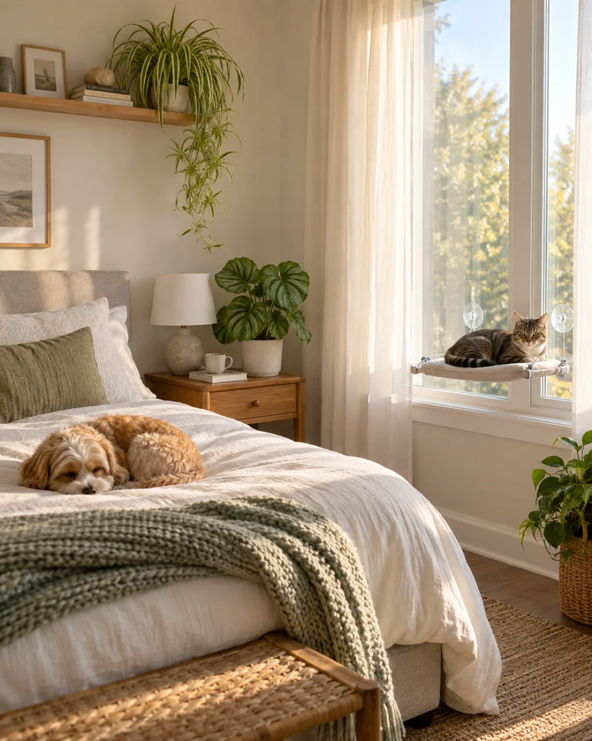 A cozy bright bedroom scene with a calathea orbifolia on the wooden nightstand and a spider plant on a high floating shelf above with a small dog on the bed and a cat on a windowsill perch
