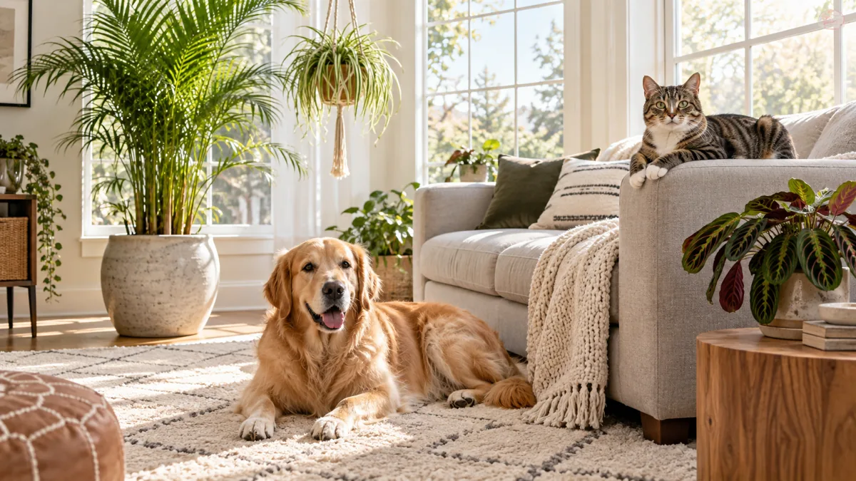 A bright modern living room with a golden retriever lying on a cream rug and a tabby cat on the sofa surrounded by lush pet safe houseplants including an areca palm a spider plant in a macrame hanger and a prayer plant on a side table with warm natural light