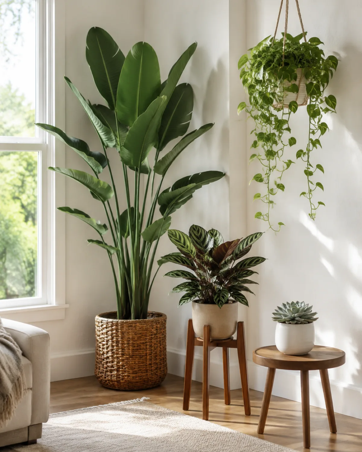 A corner of a bright room showing layered plant heights with a tall bird of paradise in a woven basket on the floor a medium calathea on a mid-height wooden plant stand a small echeveria on a low side table and a trailing pothos in a hanging planter above four distinct vertical tiers visible