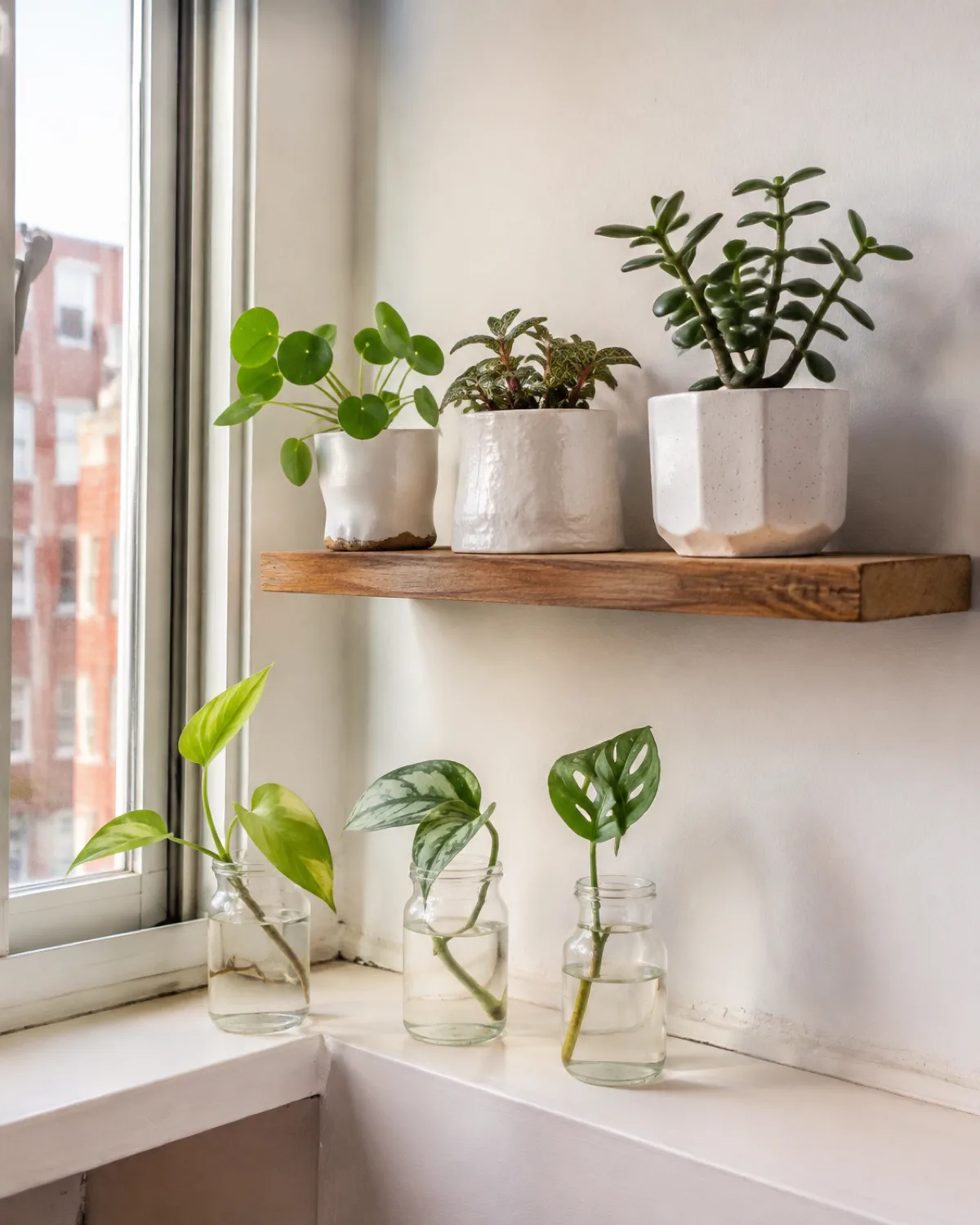 A small apartment corner showing a budget-friendly plant aesthetic with a floating shelf holding three small plants in mismatched ceramic pots unified with matte white paint and a row of three glass propagation jars with single cuttings on the windowsill below bright natural light in a compact space