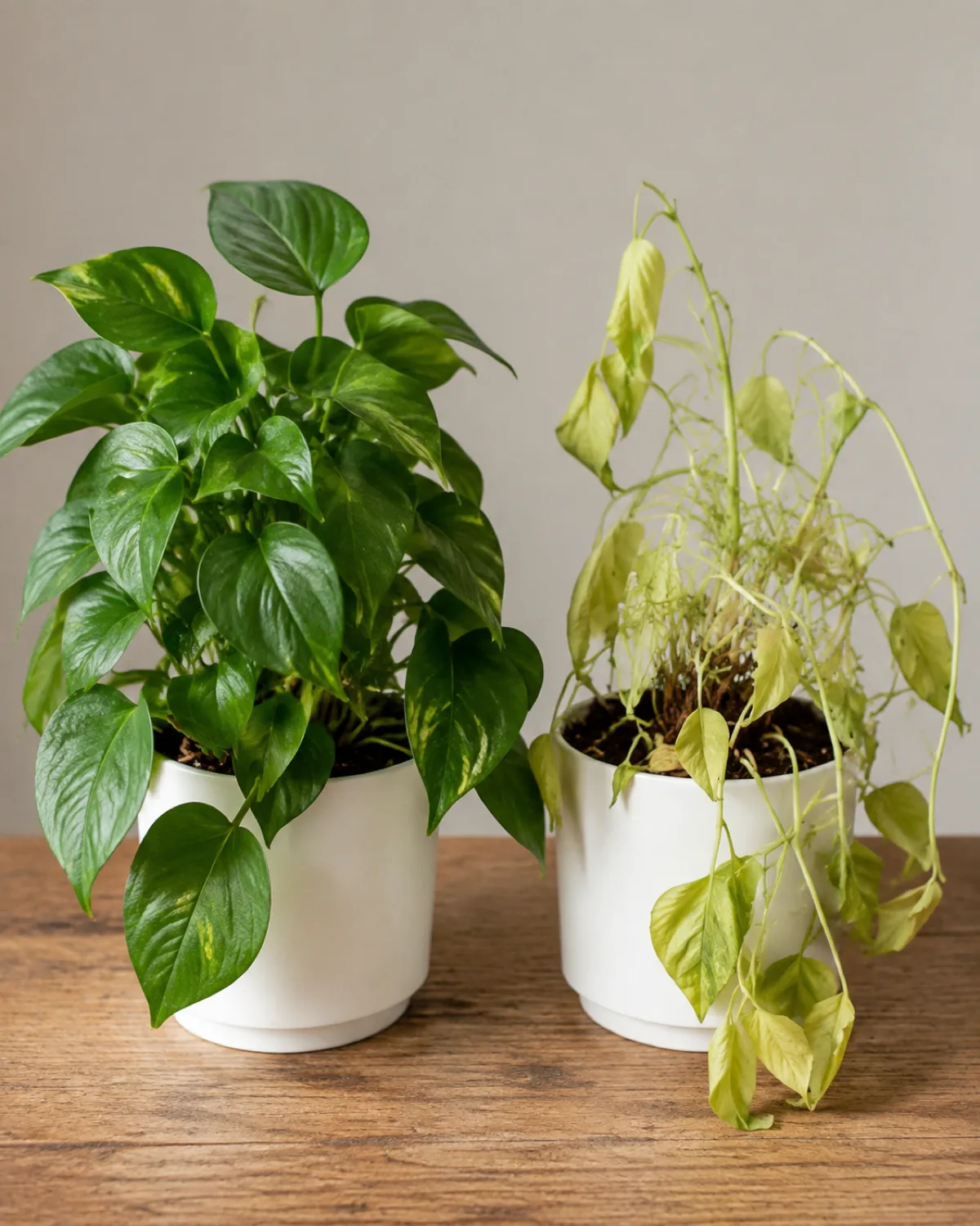A split comparison scene showing a healthy pothos with firm glossy dark green leaves growing vigorously on the left and the same species with pale yellowish drooping leaves and leggy stretched stems on the right both in identical white pots on a wooden table with bright even natural light