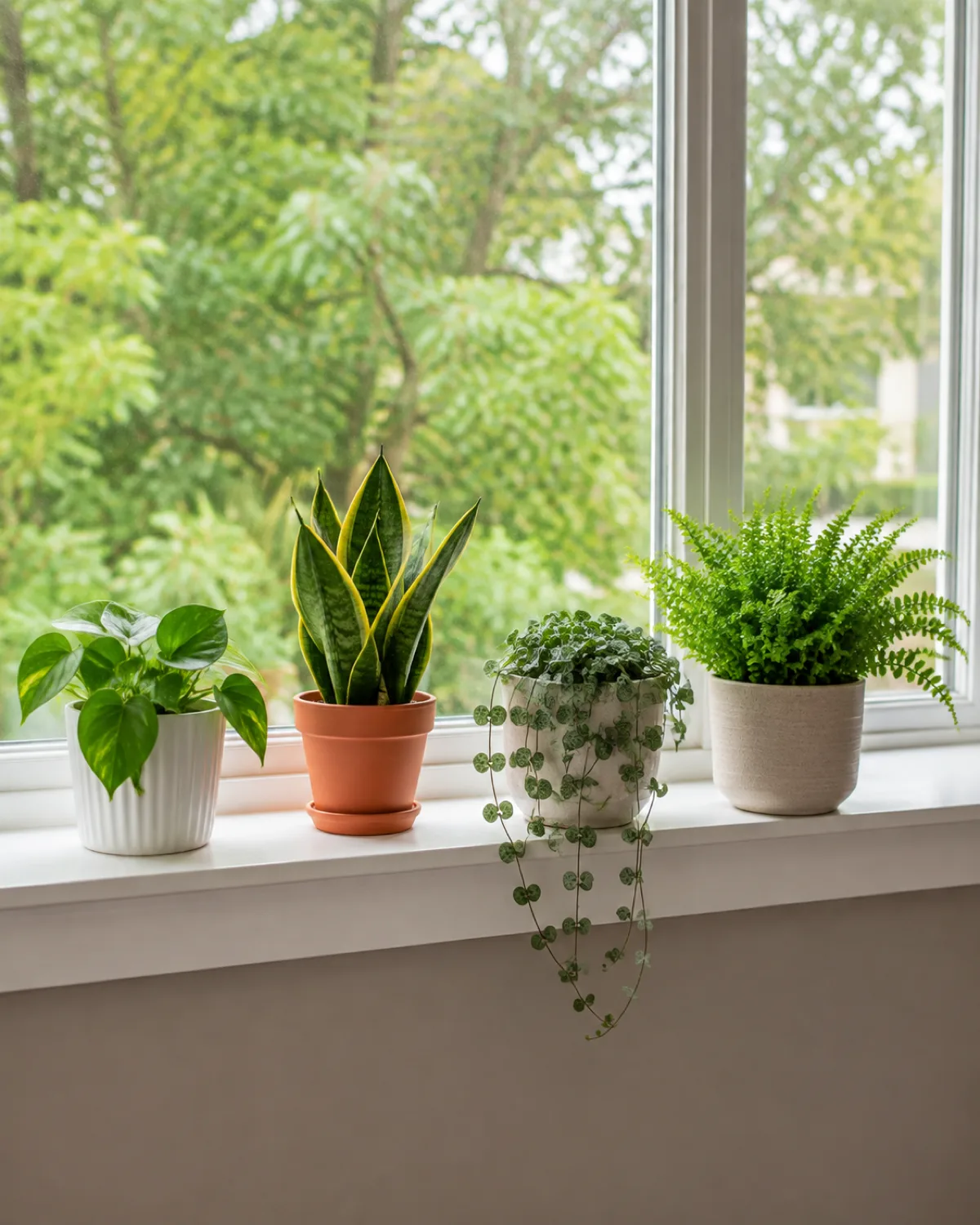 A progression of plant collection growth on a bright windowsill from a single pothos in a white pot on the left through a snake plant in terracotta then trailing string of hearts and a compact fern showing deliberate thoughtful growth from one to four plants in natural window light